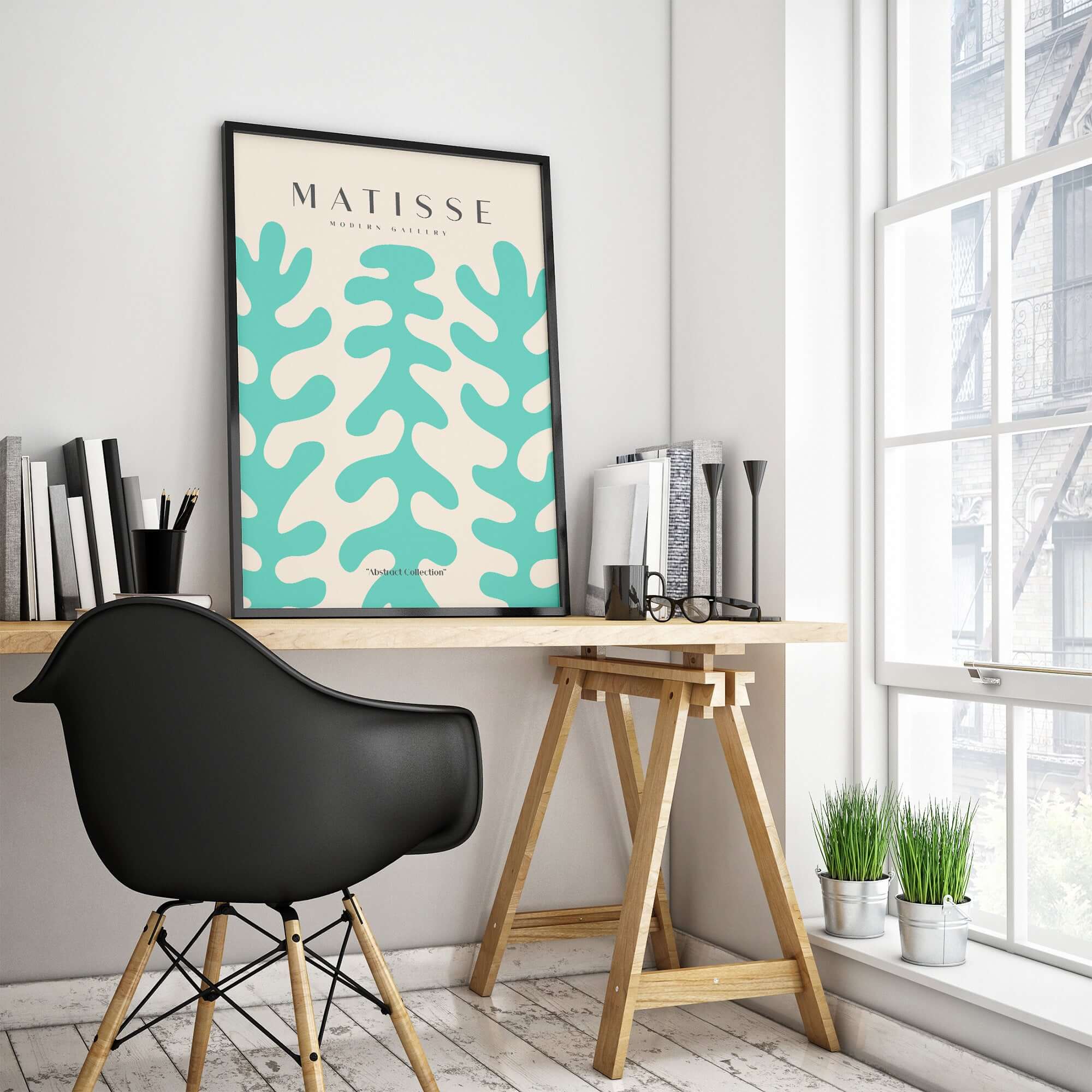 Matisse Art Prints - Teal Coral Pattern Abstract Wall Art displayed in a modern workspace with a stylish chair and plants.