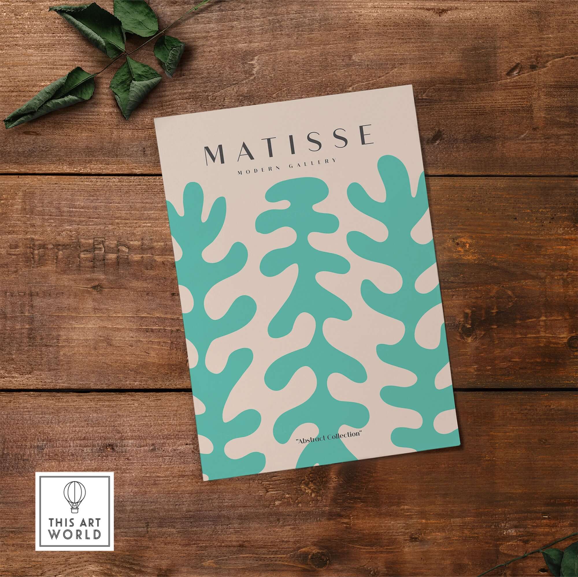Matisse Art Prints - Teal Coral Pattern Abstract Wall Art showcased on a wooden surface with leaves.