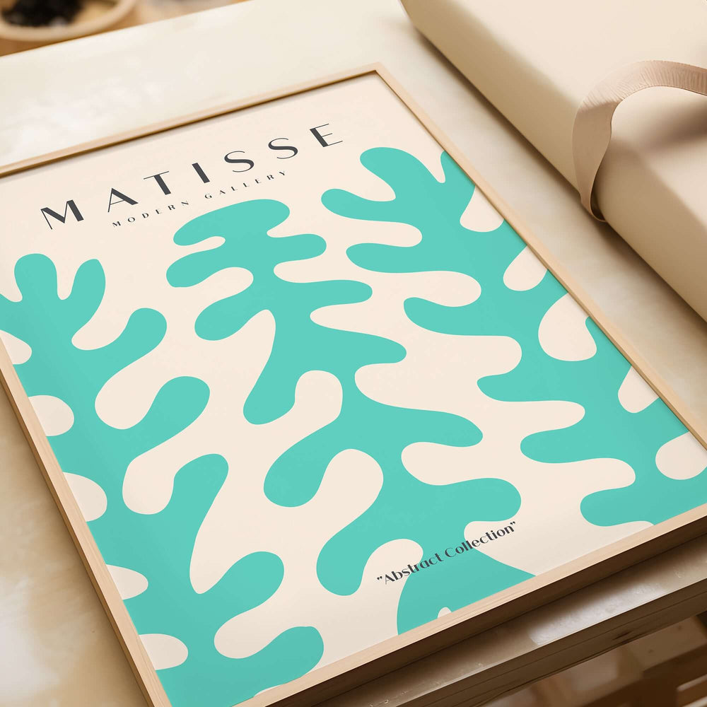 Matisse Art Prints - Teal Coral Pattern Abstract Wall Art showcasing vibrant teal shapes on a beige background.