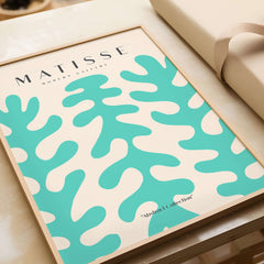 Matisse Art Prints - Teal Coral Pattern Abstract Wall Art showcasing vibrant teal shapes on a beige background.
