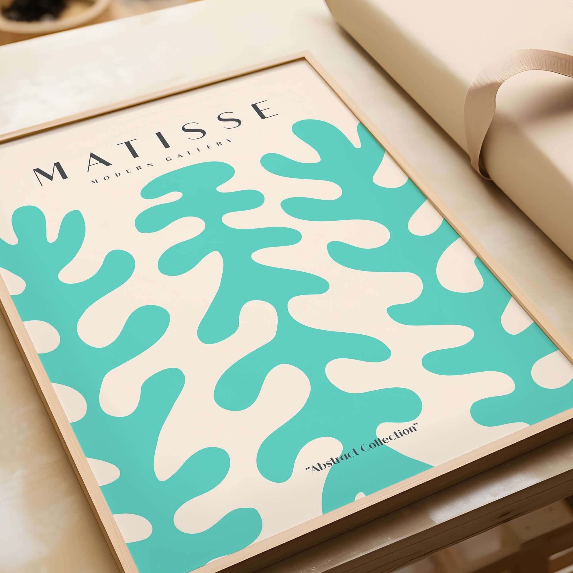 Matisse Art Prints - Teal Coral Pattern Abstract Wall Art showcasing vibrant teal shapes on a beige background.