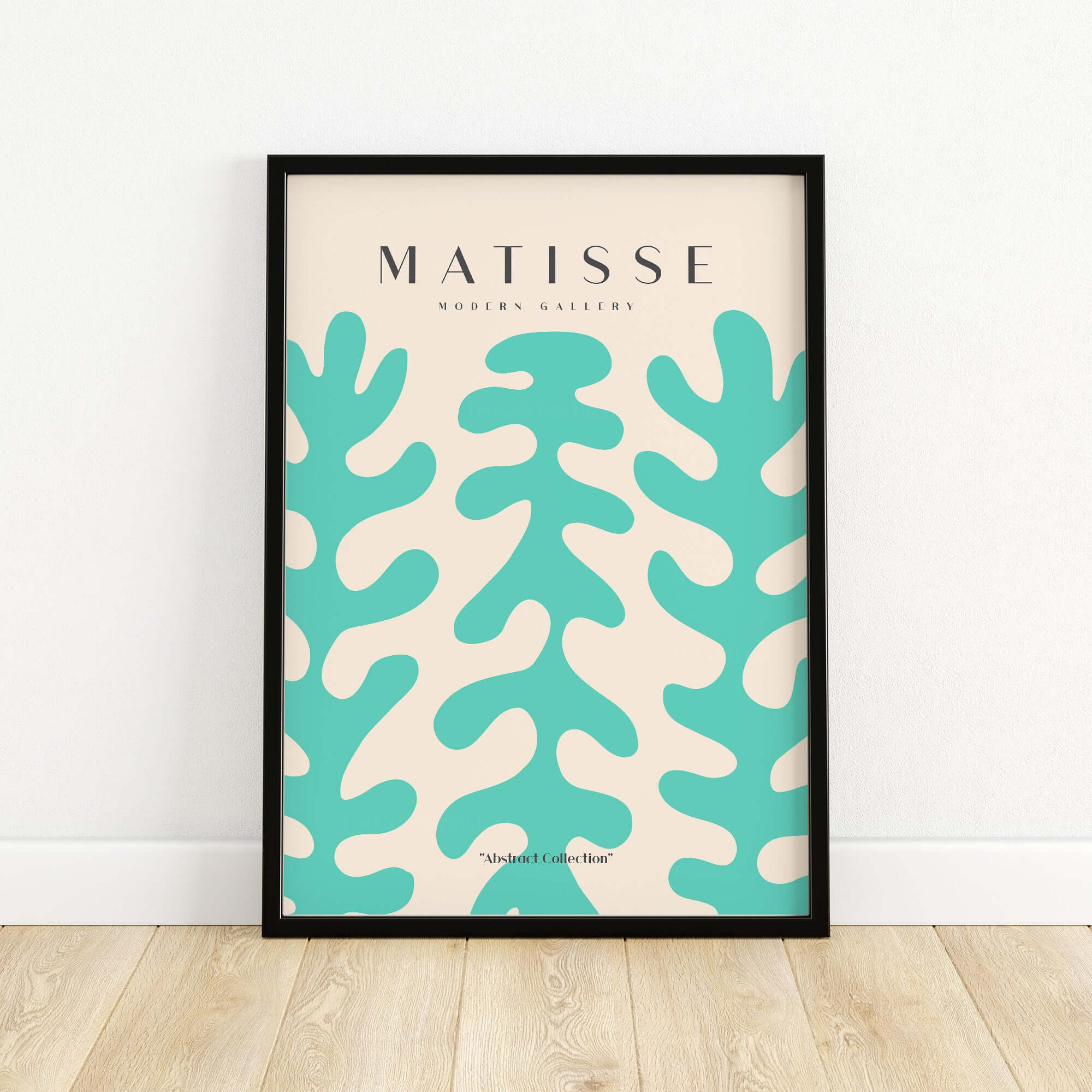 Matisse Art Prints - Teal Coral Pattern Abstract Wall Art featuring flowing teal shapes on a beige background.