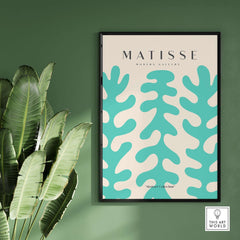 Matisse Art Prints - Teal Coral Pattern Abstract Wall Art featuring large abstract shapes in teal on beige.