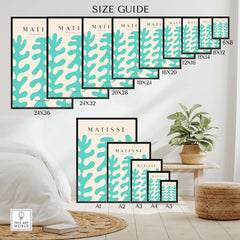 Matisse Art Prints - Teal Coral Pattern Abstract Wall Art Size Guide showcasing various print dimensions.