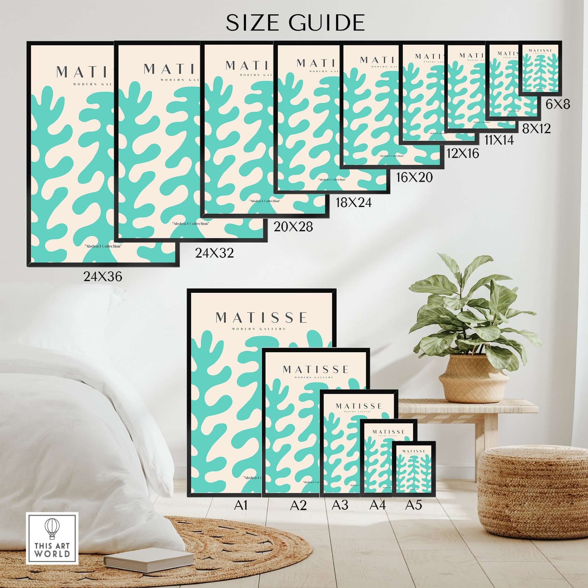 Matisse Art Prints - Teal Coral Pattern Abstract Wall Art Size Guide showcasing various print dimensions.