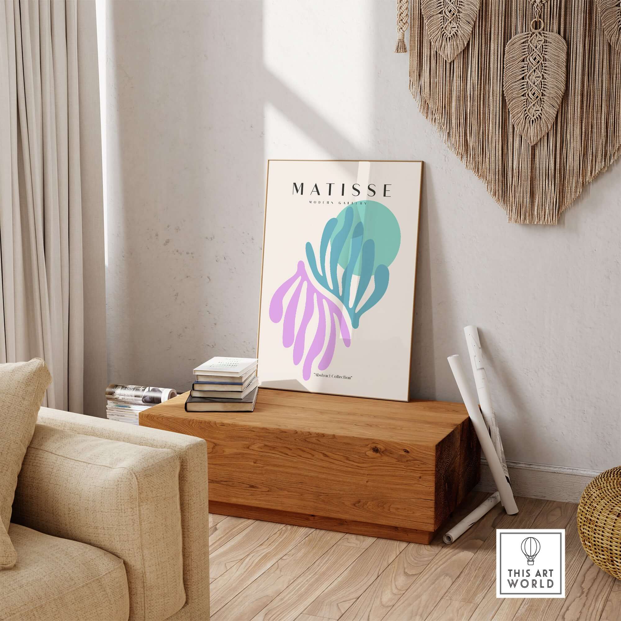 Matisse Art Prints -Teal Pink Abstract Leaves Sun Poster displayed in a cozy living space with natural light.