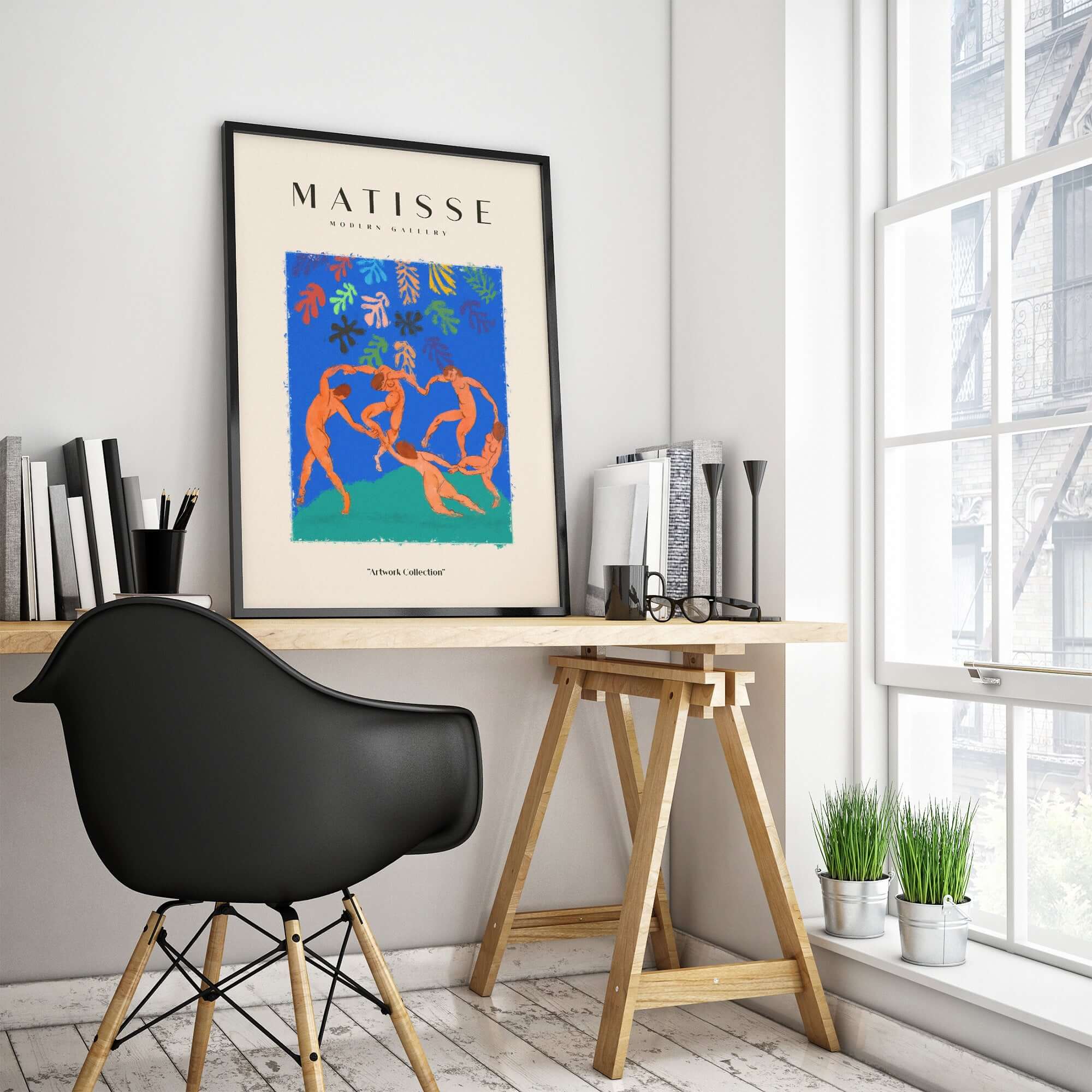 Matisse Art Prints - The Dance Figures Abstract Sky Poster framed on a wall above a modern workspace.
