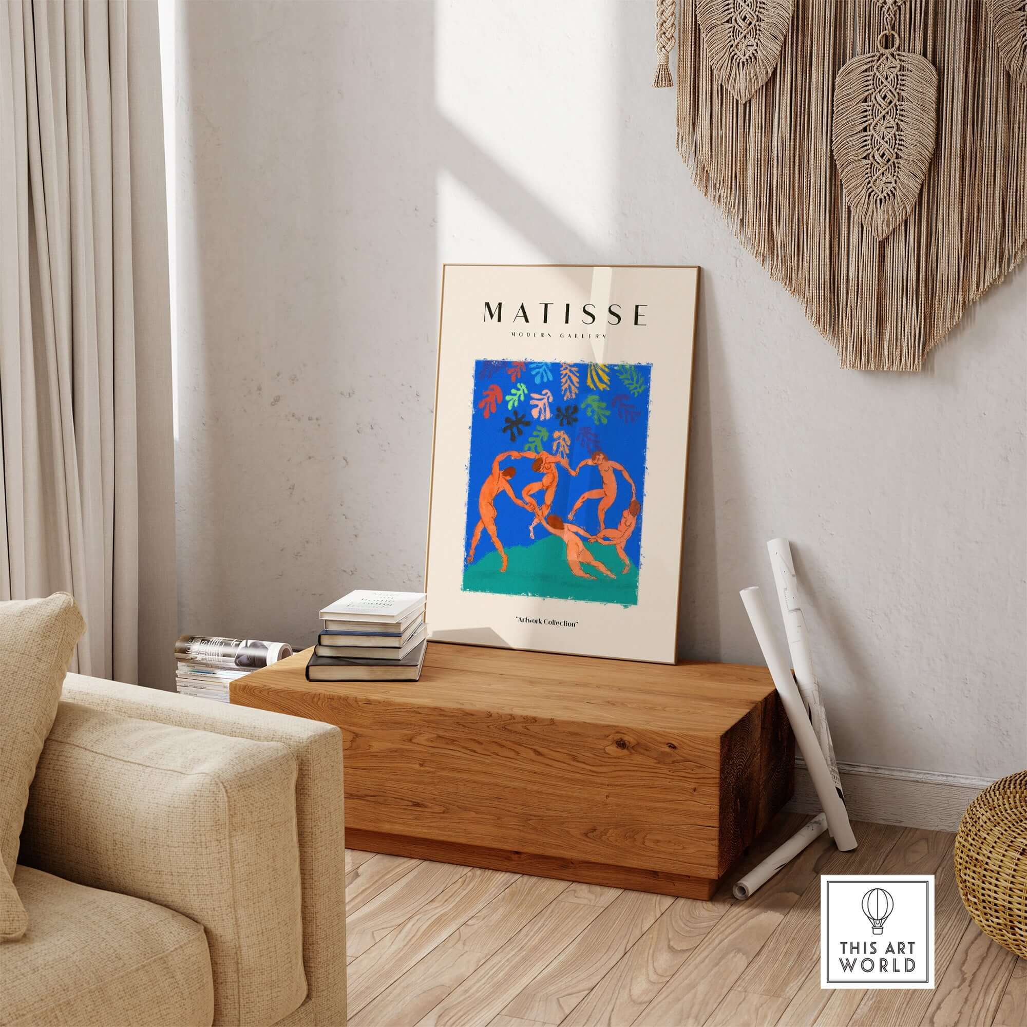 Matisse Art Prints - The Dance Figures Abstract Sky Poster displayed in a cozy room with natural decor.