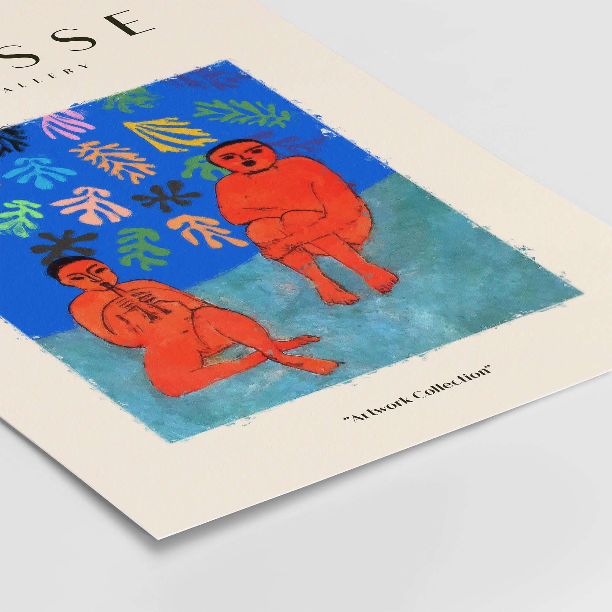Matisse Art Prints -  Two Figures Flute Poster featuring two expressive orange figures on a blue background.