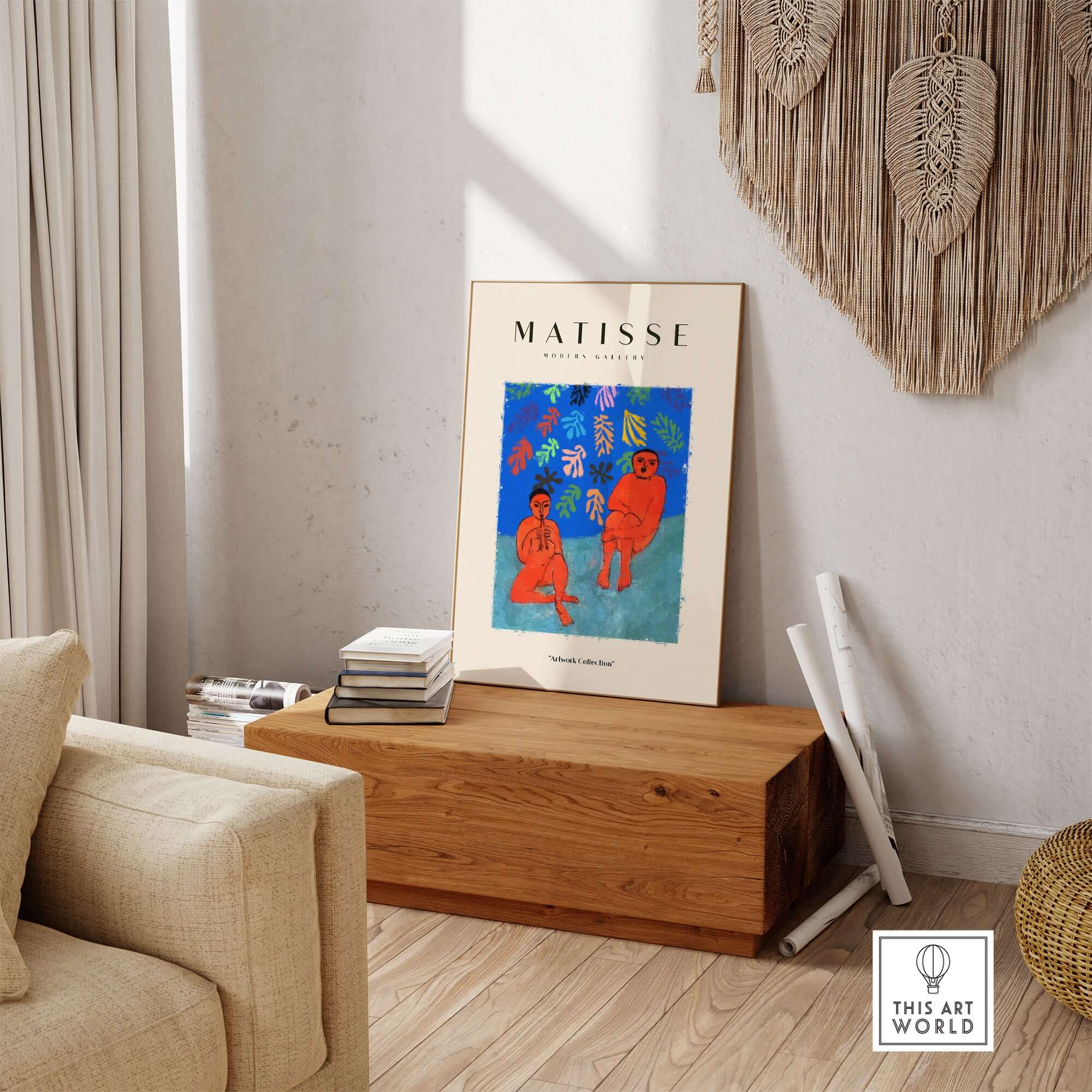 Matisse Art Prints - Two Figures Flute Poster displayed in a cozy interior with warm tones and natural decor.