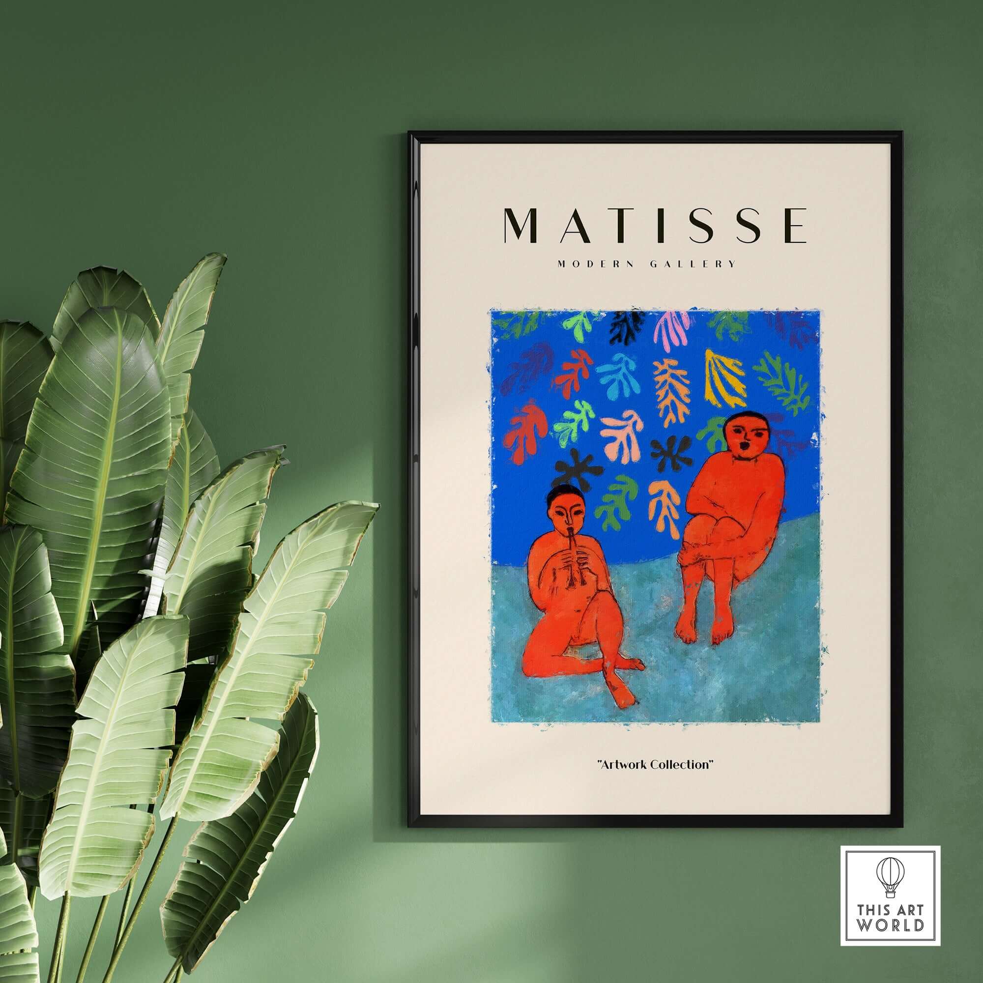 Matisse Art Prints - Two Figures Flute Poster displayed in modern gallery setting with green wall and large leaves.
