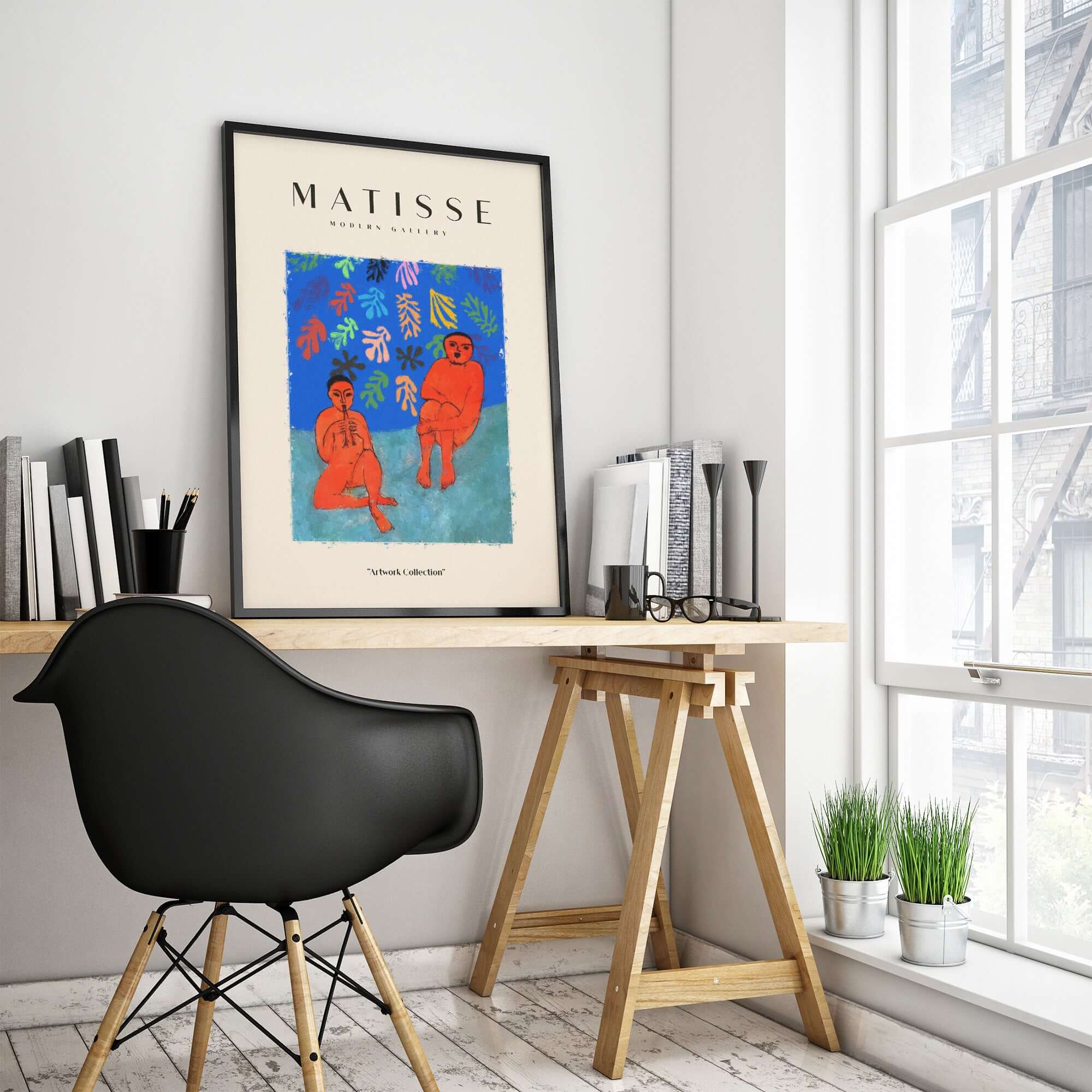 Matisse Art Prints - Two Figures Flute Poster displayed in a stylish interior with modern furniture and natural light.