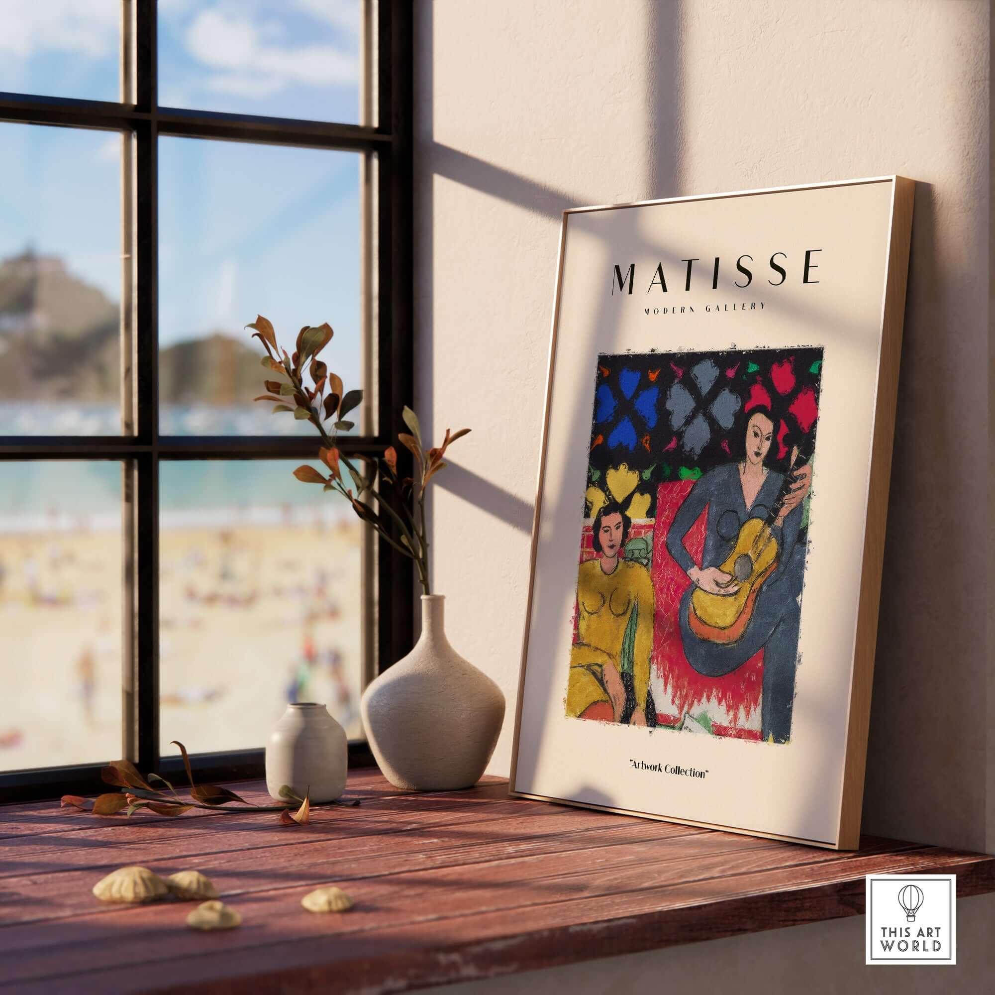 Matisse Art Prints - Two Women Guitar Interior Scene Poster displayed in a sunlit interior setting with beach view.