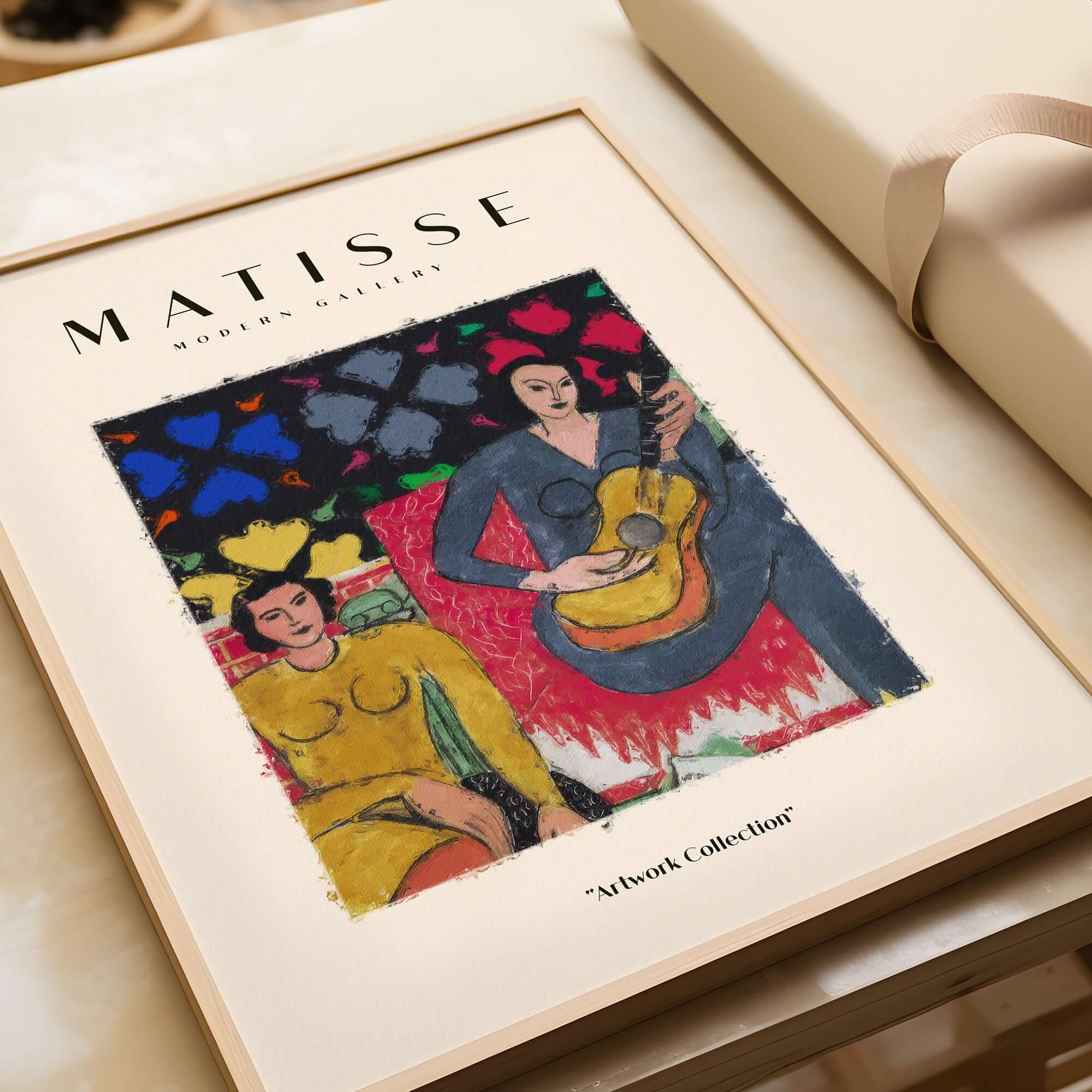 Matisse Art Prints - Two Women Guitar Interior Scene Poster featuring colorful abstract shapes and women with a guitar.