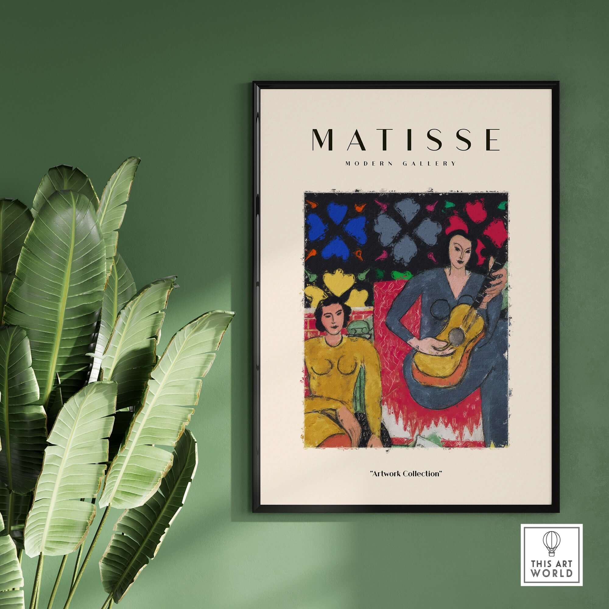 Matisse Art Prints - Two Women Guitar Interior Scene Poster displayed in modern gallery setting with greenery.