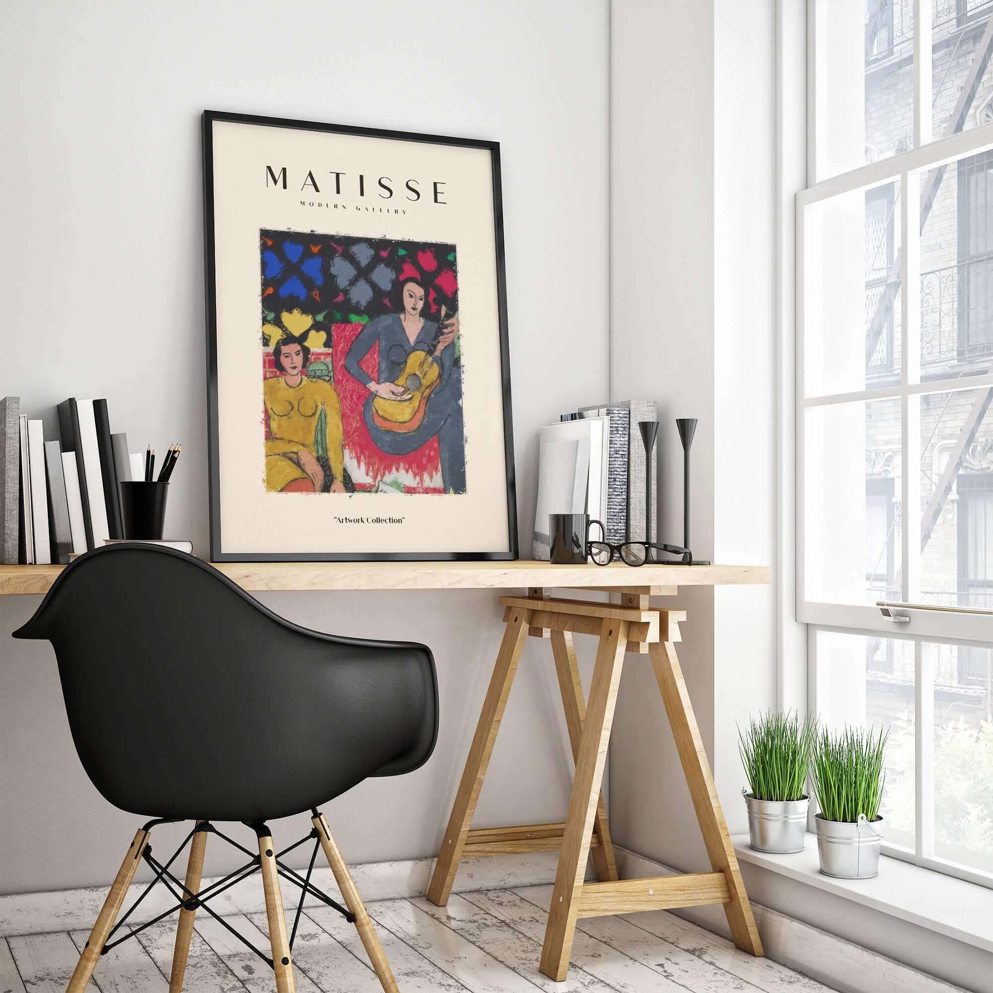 Matisse Art Prints - Two Women Guitar Interior Scene Poster in a stylish workspace setting.