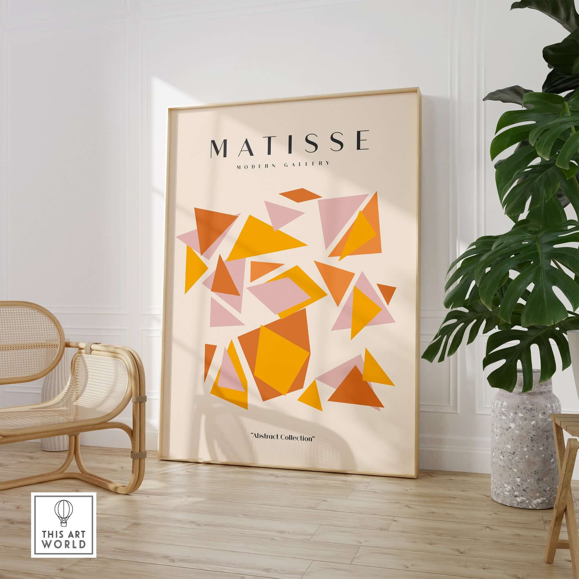 Matisse Art Prints - Warm Tone Geometric Triangles Poster displayed in a modern setting with geometric shapes in warm colors.