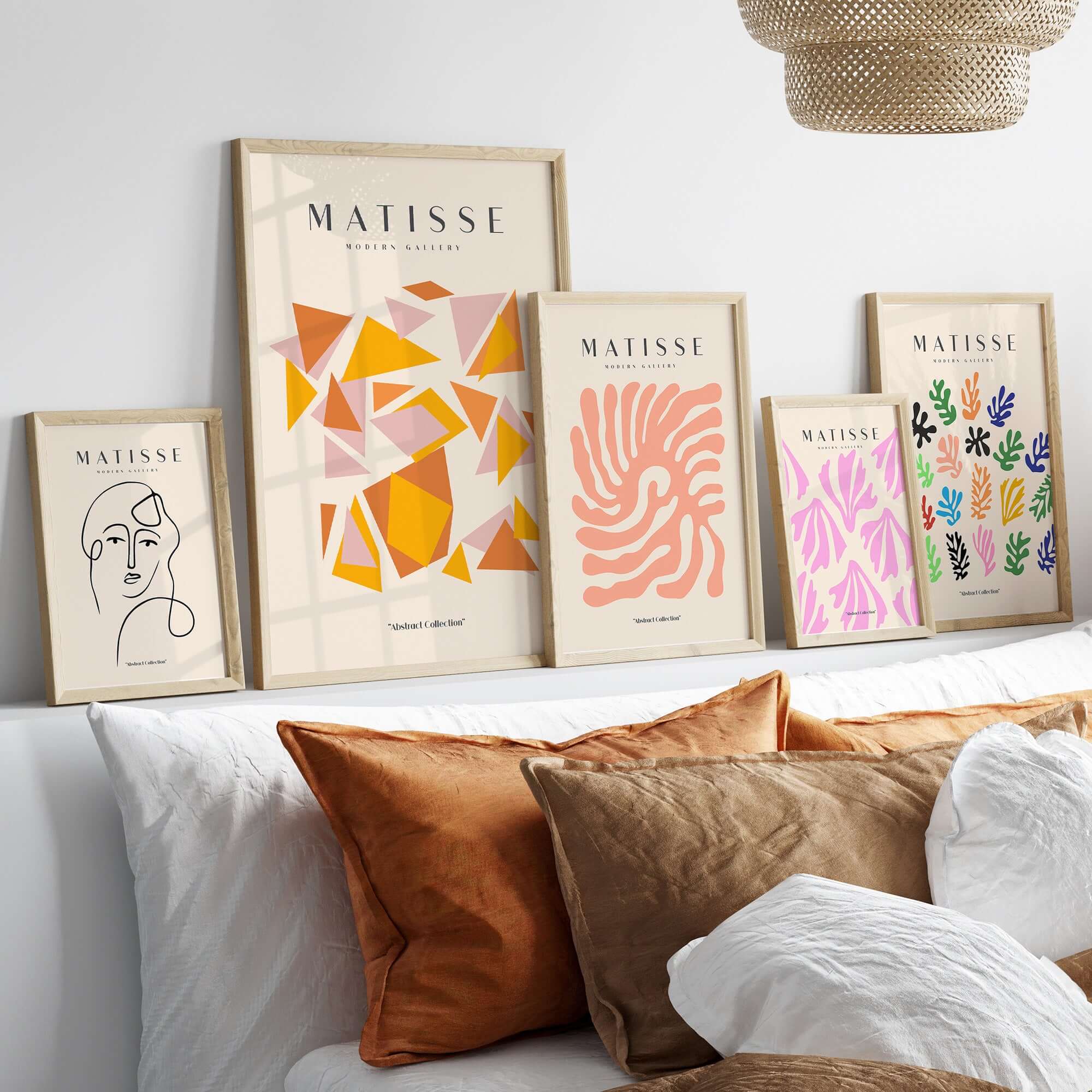 Matisse Art Prints - Warm Tone Geometric Triangles Poster displayed on a stylish wall with modern decor and colorful designs.
