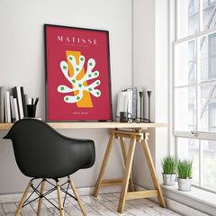 Matisse Art Prints - White Coral Abstract Green Diamonds Print in modern home office setting with stylish chair and plants.