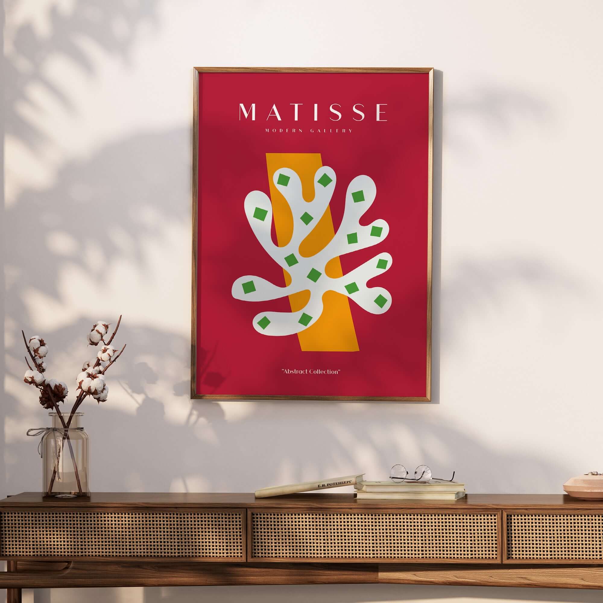 Matisse Art Prints - White Coral Abstract Green Diamonds Print featuring vibrant colors and organic shapes on deep red background.