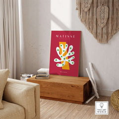 Matisse Art Prints - White Coral Abstract Green Diamonds Print displayed in a modern living room setting.