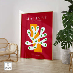 Matisse Art Prints - White Coral Abstract Green Diamonds Print in a stylish interior setting with red background.