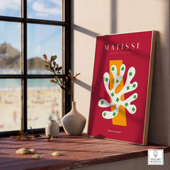 Matisse Art Prints - White Coral Abstract Green Diamonds Print displayed in a bright room with beach view.