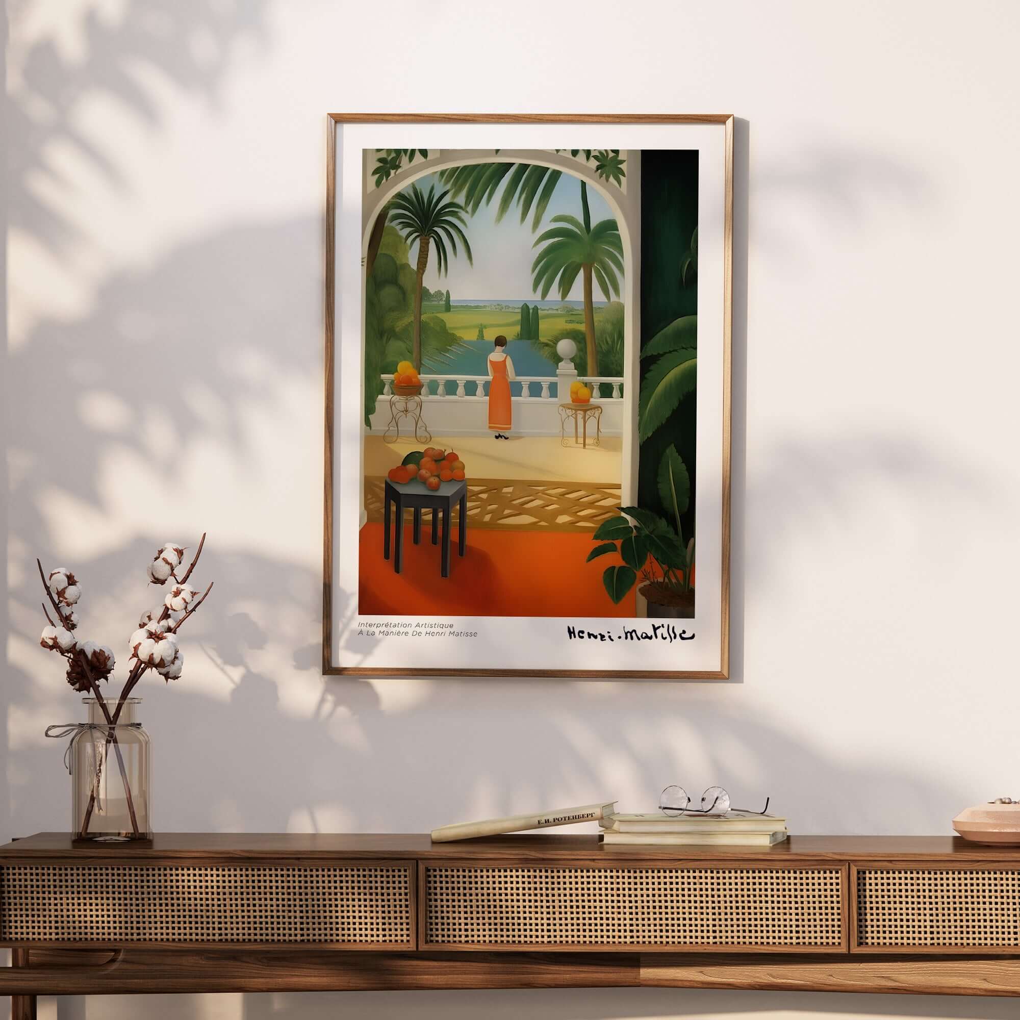 Matisse Art Prints - Woman on Balcony Sea View Poster displayed on a stylish wall in a cozy home setting.