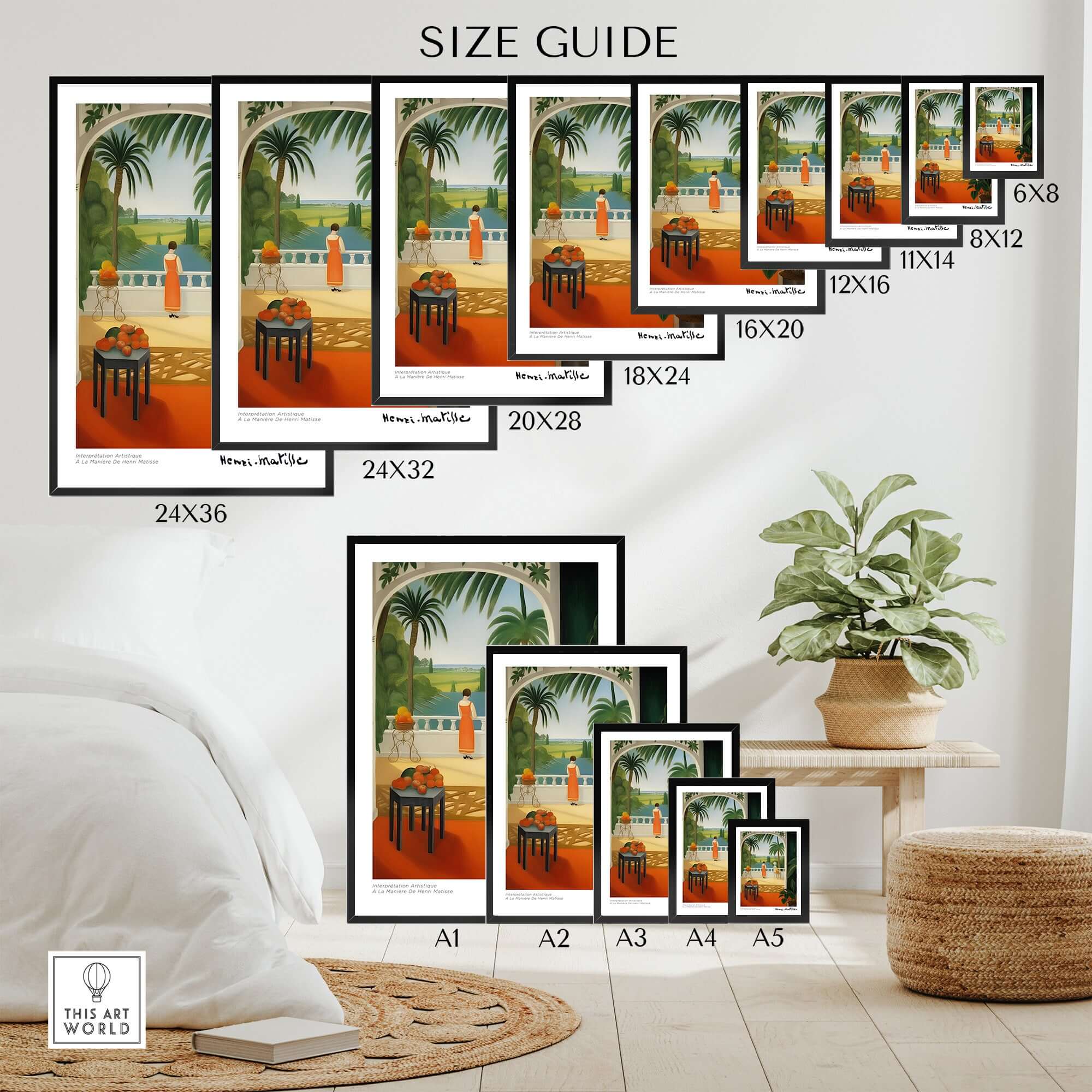 Matisse Art Prints - Woman on Balcony Sea View Poster size guide showcasing various print dimensions.
