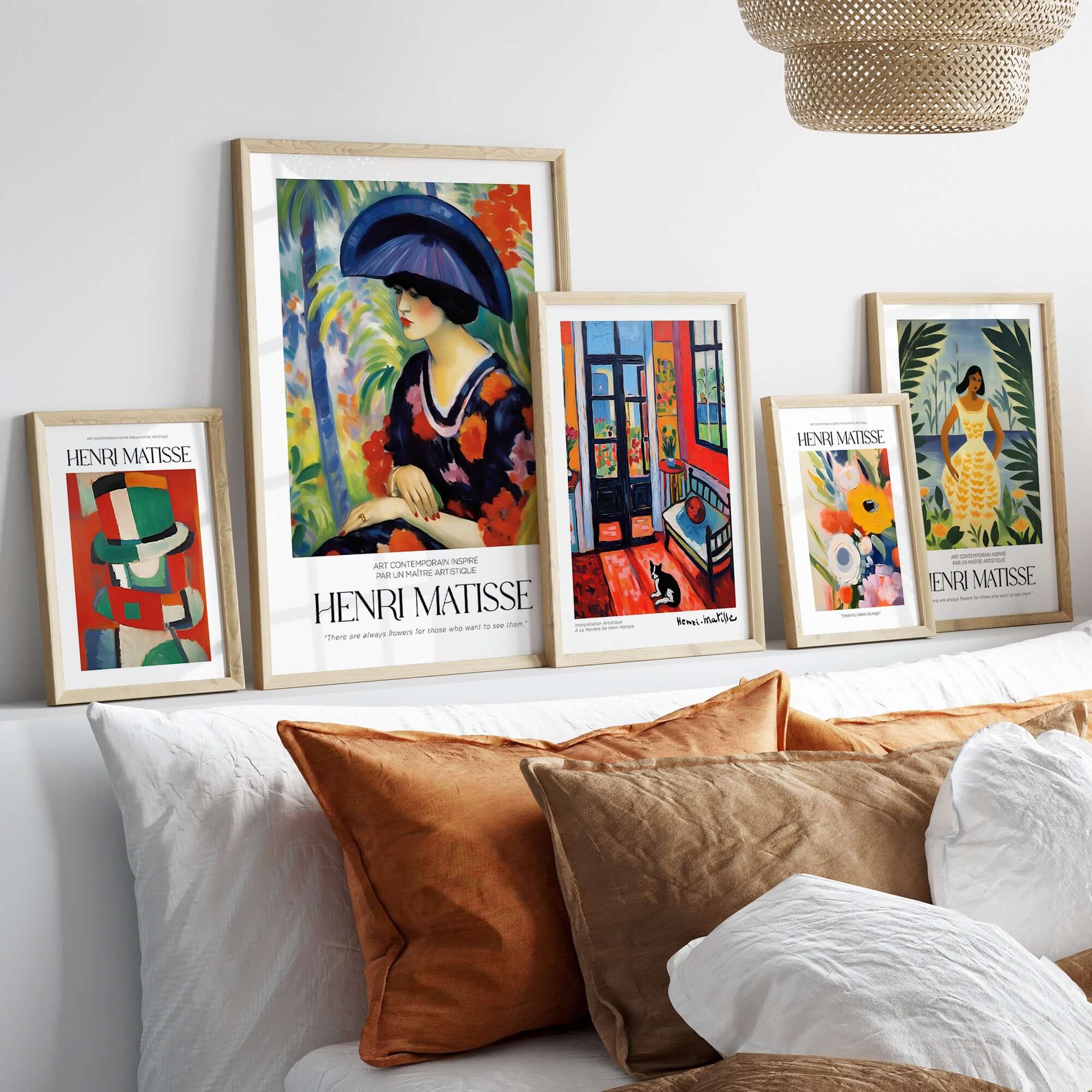 Matisse Art Prints - Woman with Blue Hat Garden Poster displayed on a stylish wall shelf with other art pieces.