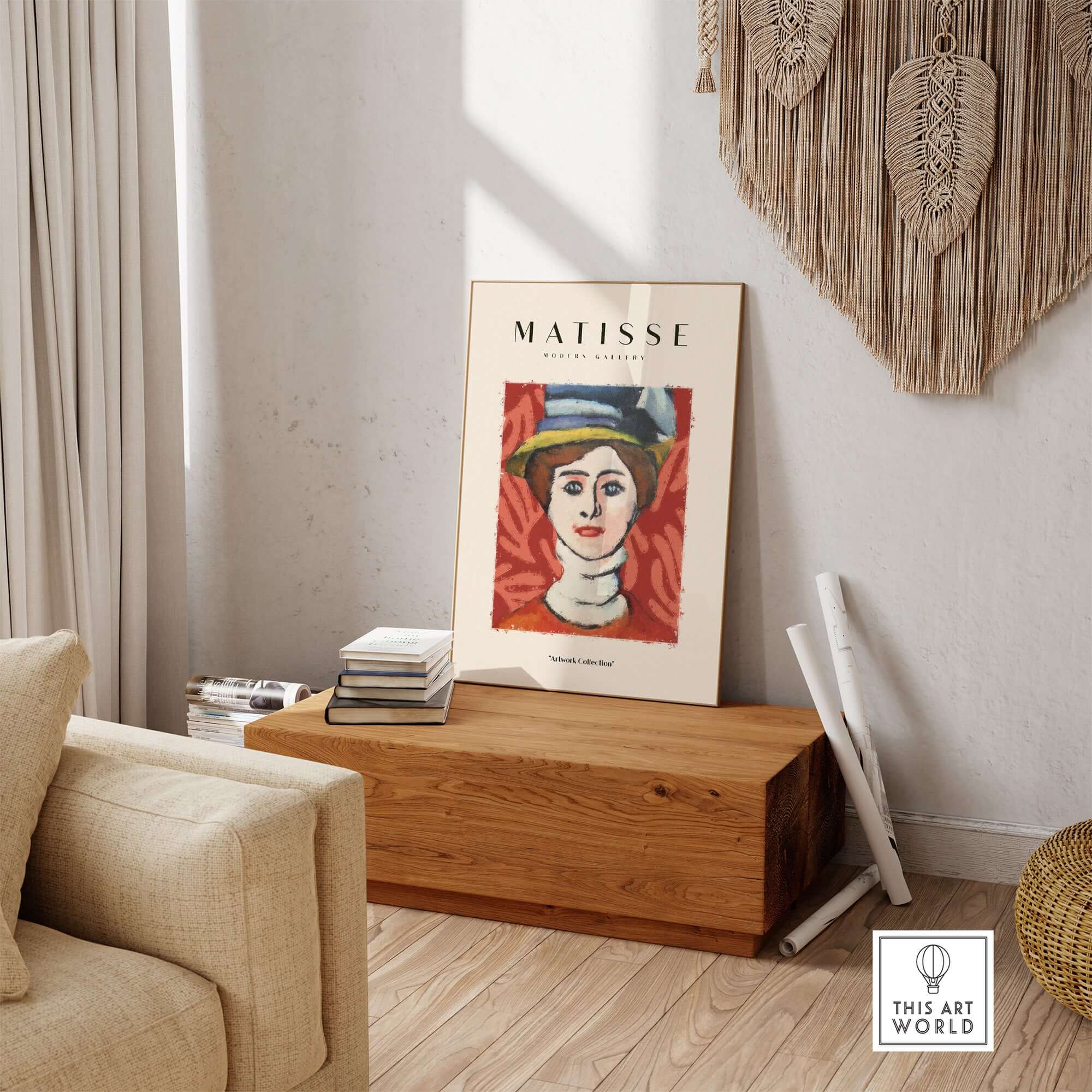 Matisse Art Prints - Woman in Elaborate Hat Portrait Poster displayed in a stylish living room setting.