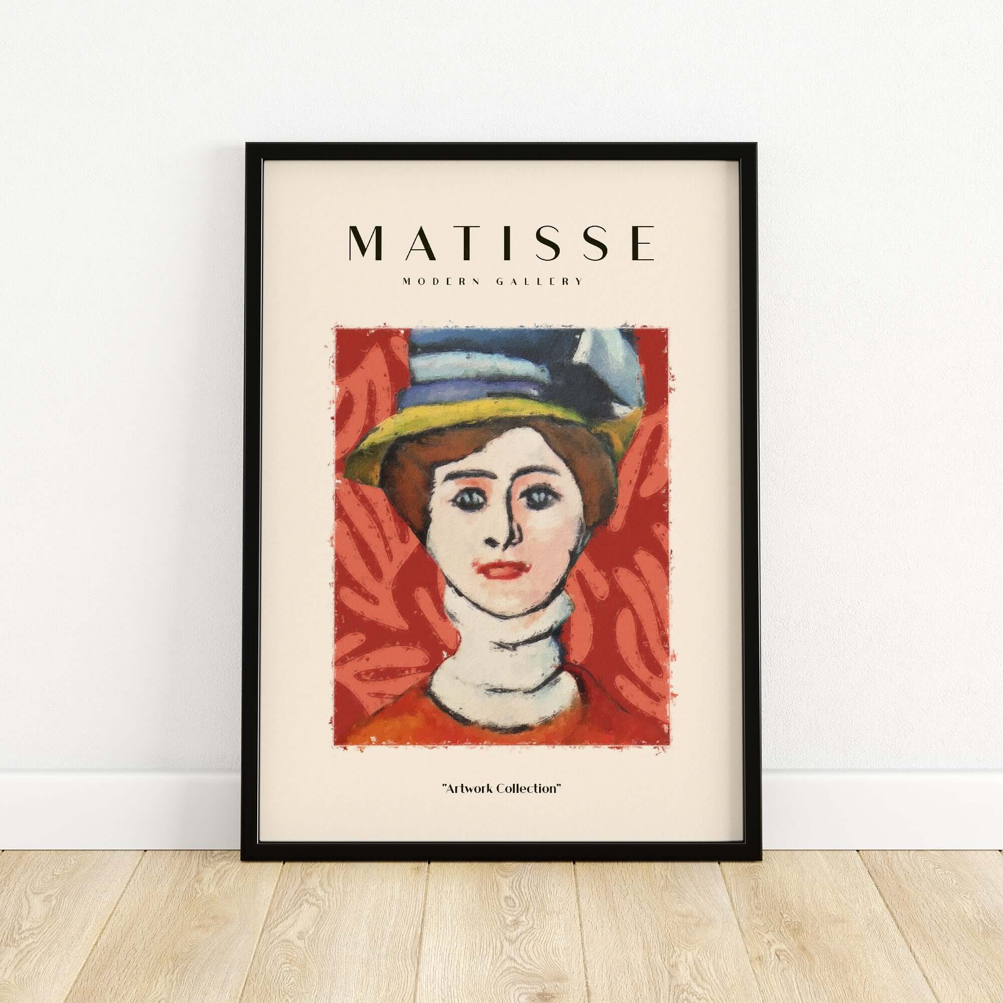 Matisse Art Prints - Woman in Elaborate Hat Portrait Poster framed art print with colorful background and unique design.