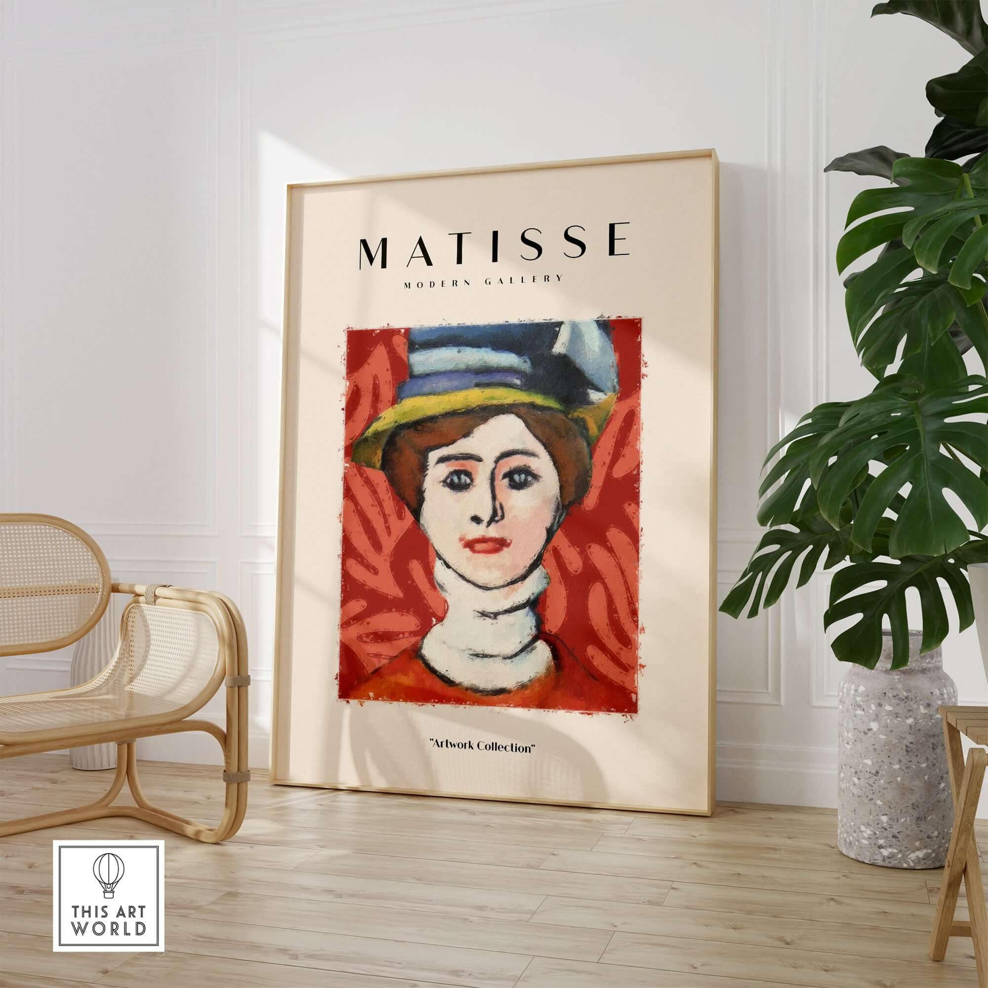Matisse Art Prints - Woman in Elaborate Hat Portrait Poster displayed in a modern gallery setting with artistic decor.