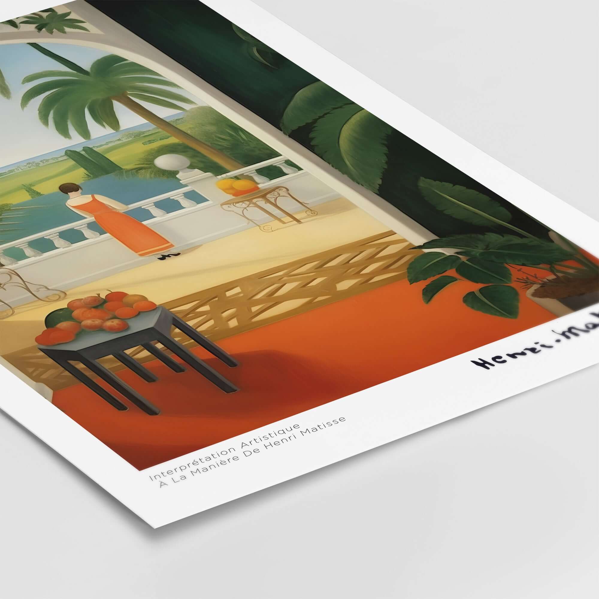 Matisse Art Prints - Woman on Balcony Sea View Poster showcasing a woman in an orange dress overlooking a tranquil sea.