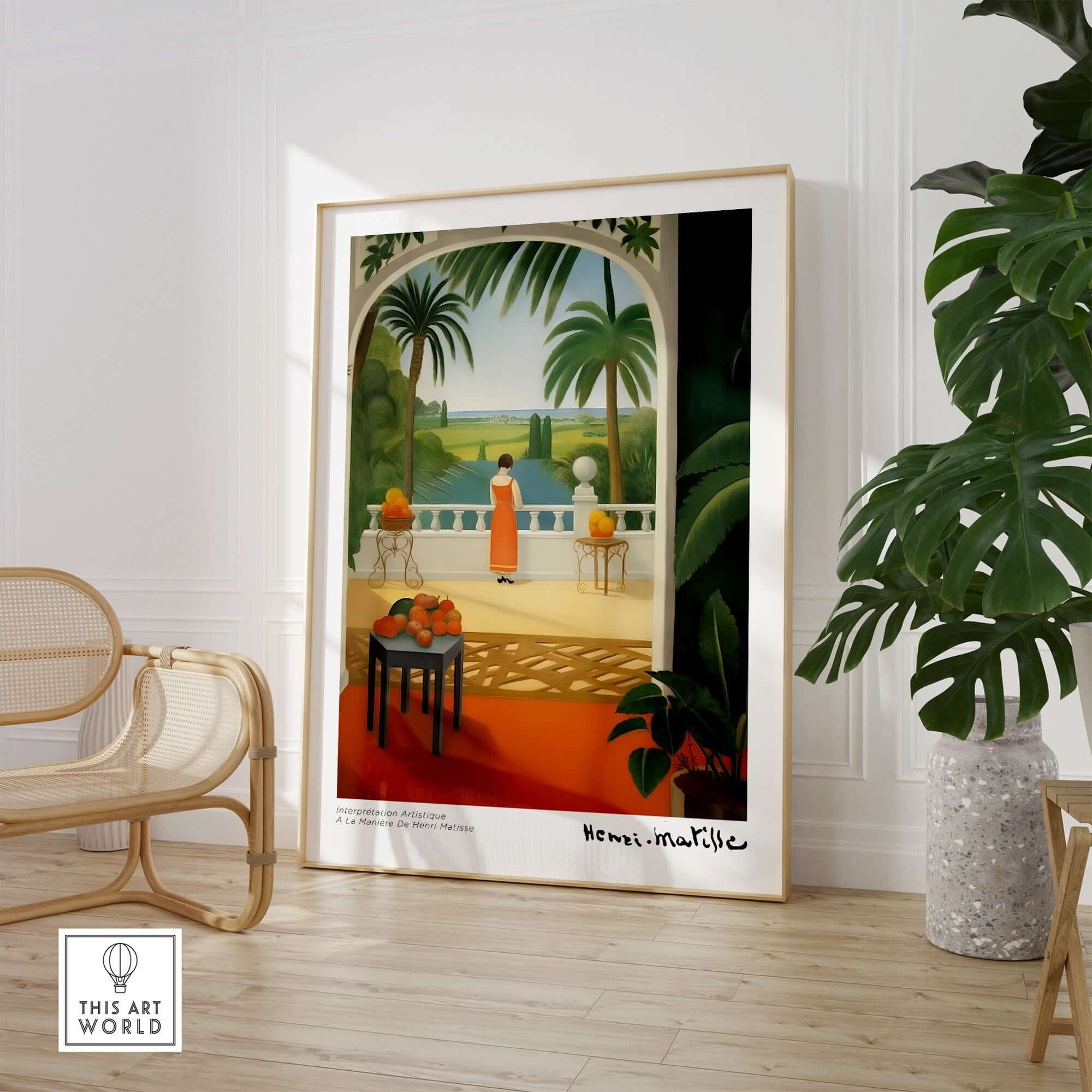 Matisse Art Prints - Woman on Balcony Sea View Poster featuring a serene woman in an orange dress overlooking the sea.