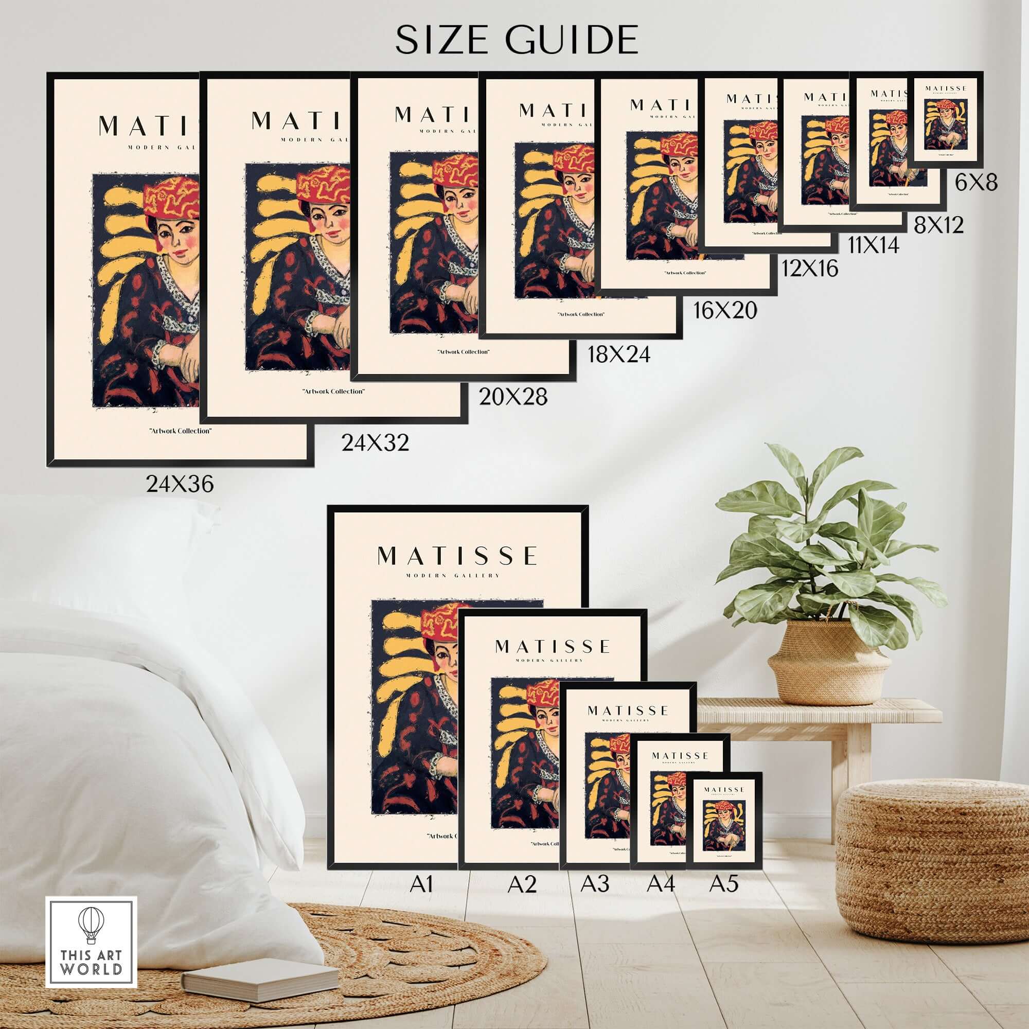 Matisse Art Prints - Woman in Patterned Hat & Dress Poster size guide showcasing available options and dimensions.