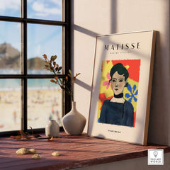 Matisse Art Prints - Woman Portrait Abstract Floral Poster displayed in a sunlit room with a beach view.