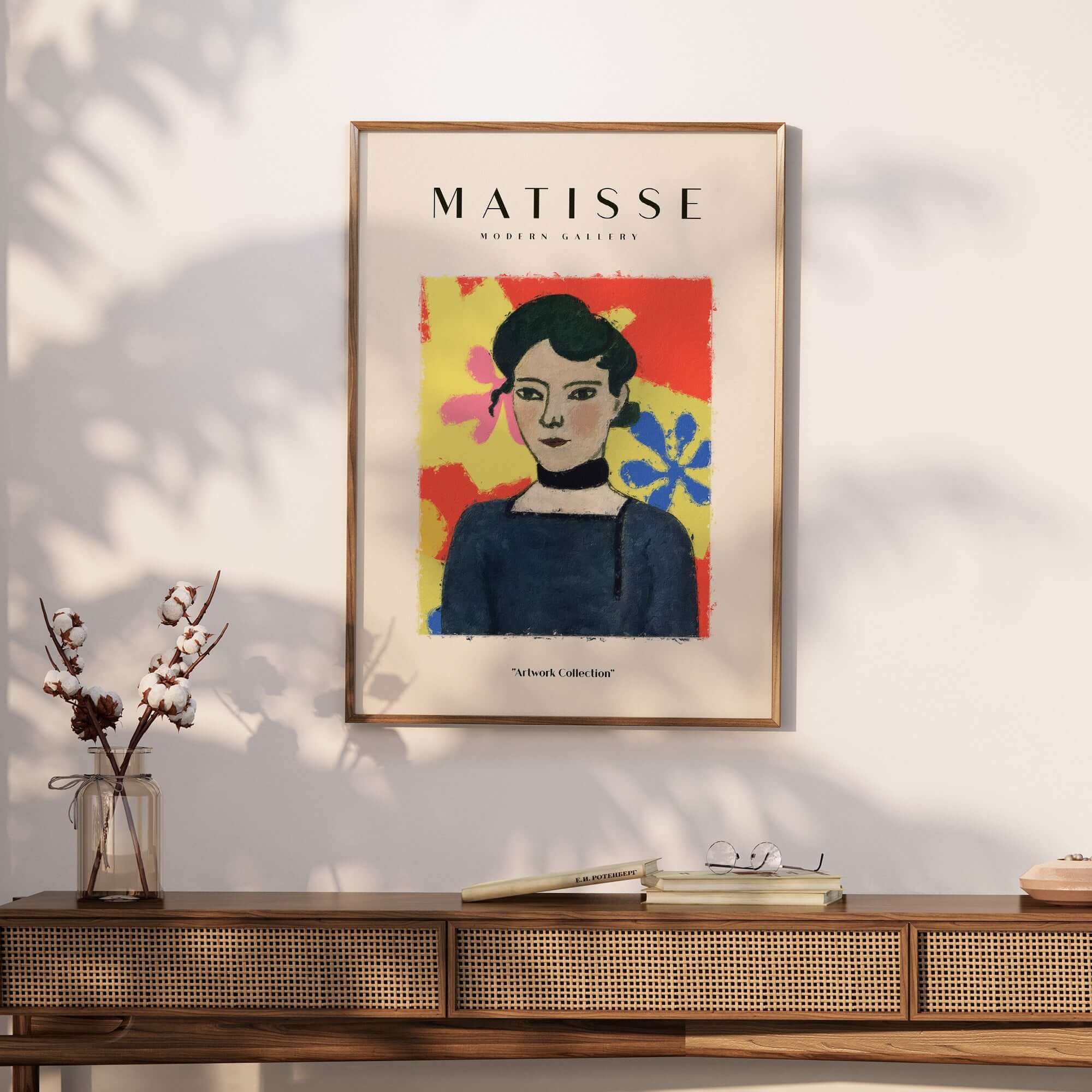 Matisse Art Prints - Woman Portrait Abstract Floral Poster featuring a woman with dark hair in a blue top against vibrant floral art.