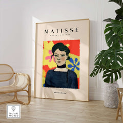 Matisse Art Prints - Woman Portrait Abstract Floral Poster featuring a woman with dark hair in a vibrant abstract floral setting.