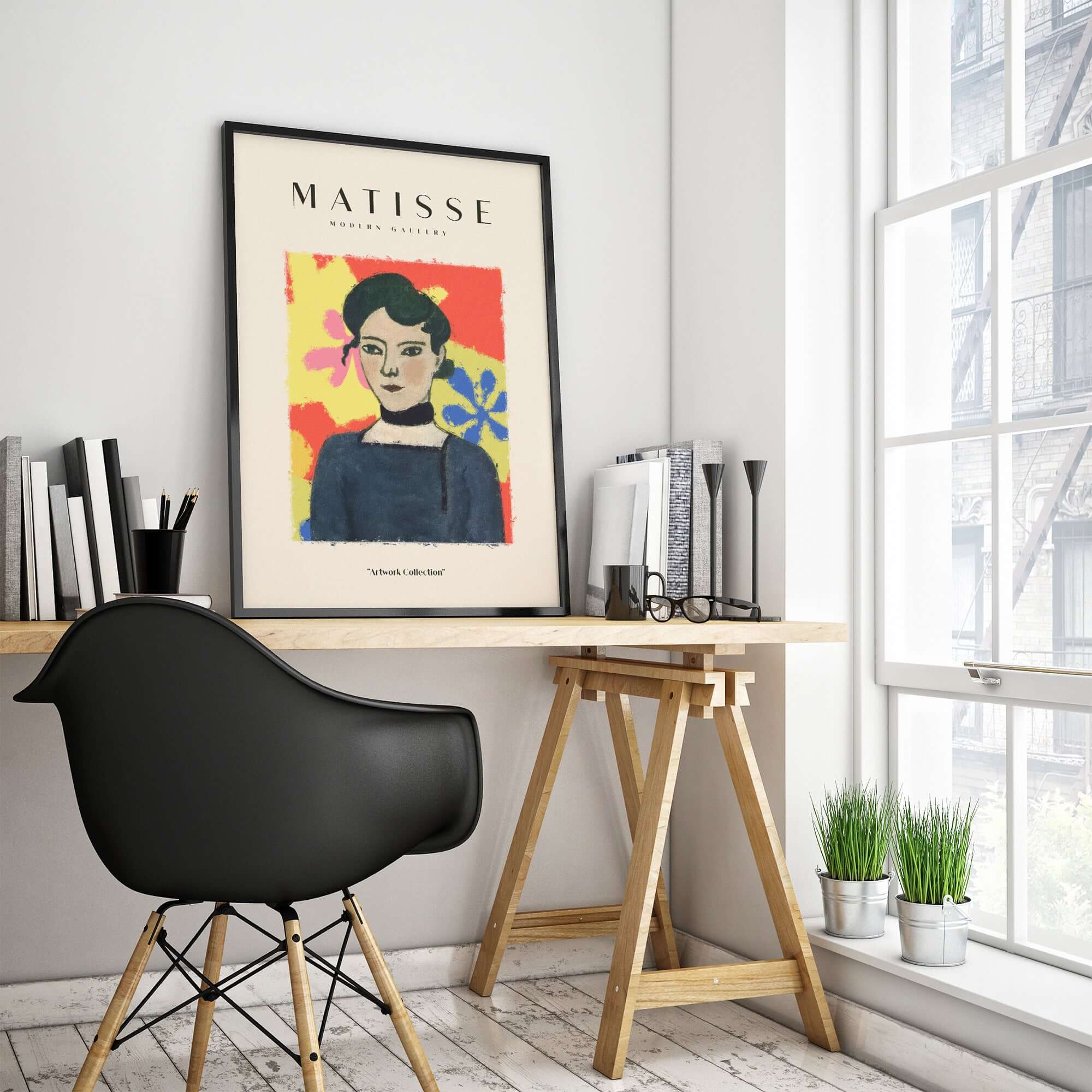 Matisse Art Prints - Woman Portrait Abstract Floral Poster displayed in a stylish workspace with modern decor.