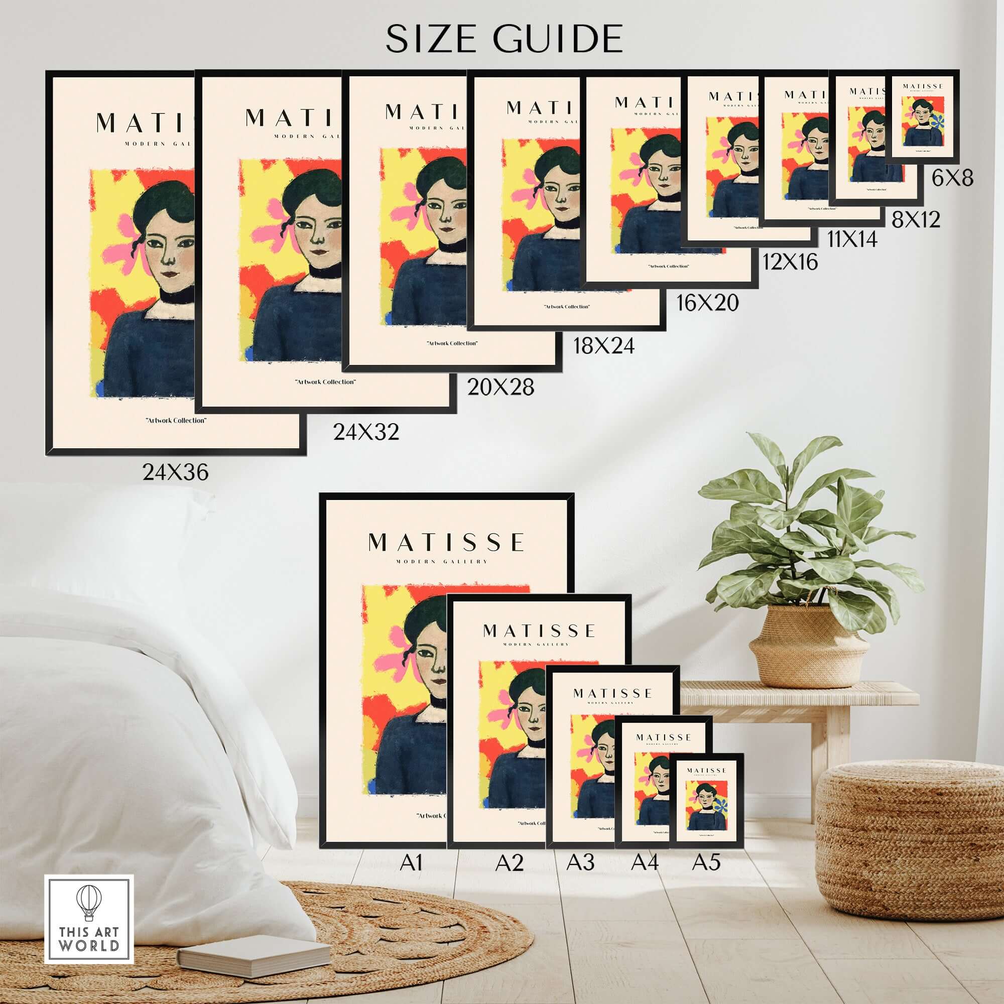 Matisse Art Prints - Woman Portrait Abstract Floral Poster size guide showing various frame sizes for optimal display.