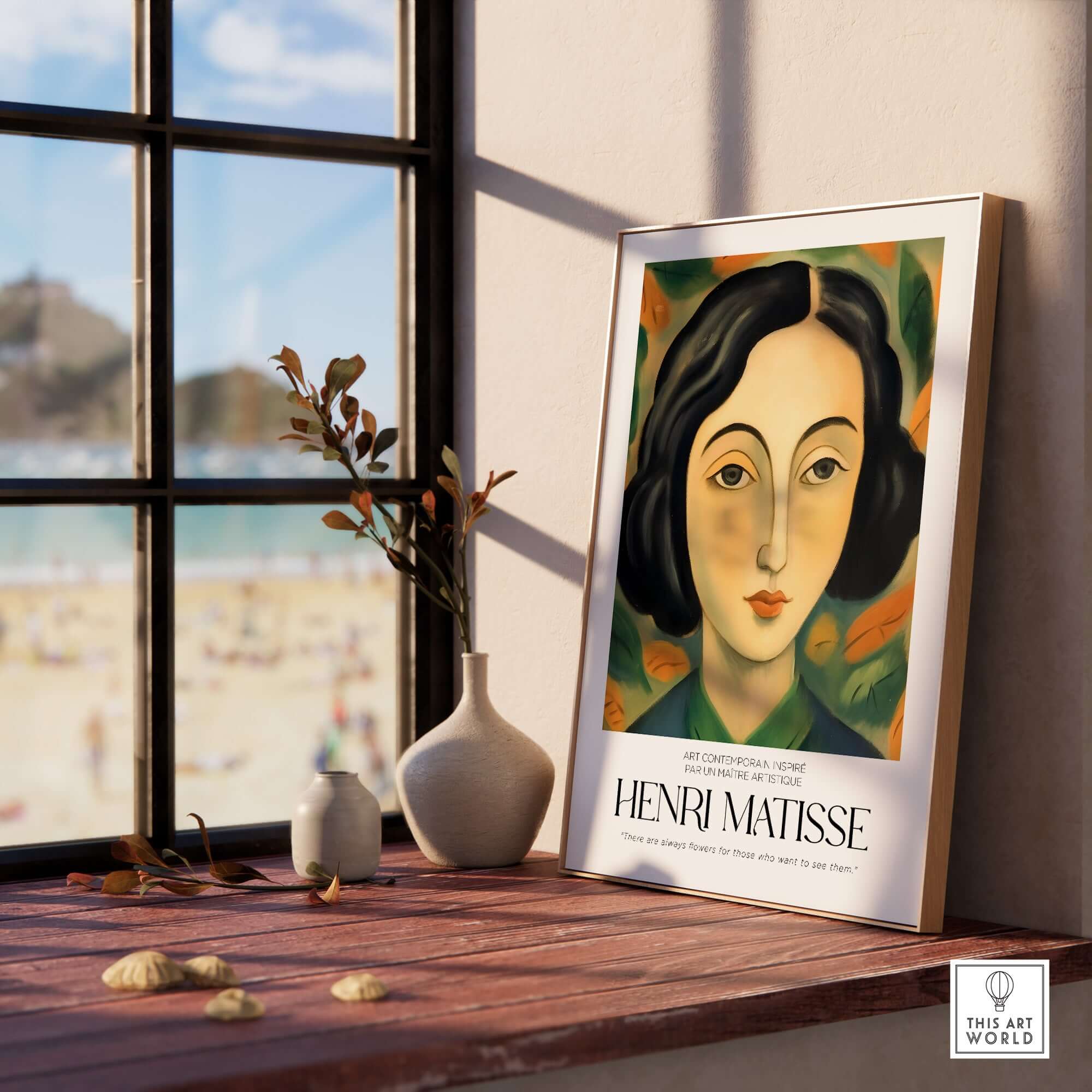 Matisse Art Prints - Woman Portrait Wall Art displayed on a table with a window view, featuring a serene woman portrait.