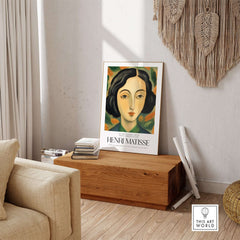 Matisse Art Prints - Woman Portrait Wall Art displayed in a modern living room setting with natural decor.