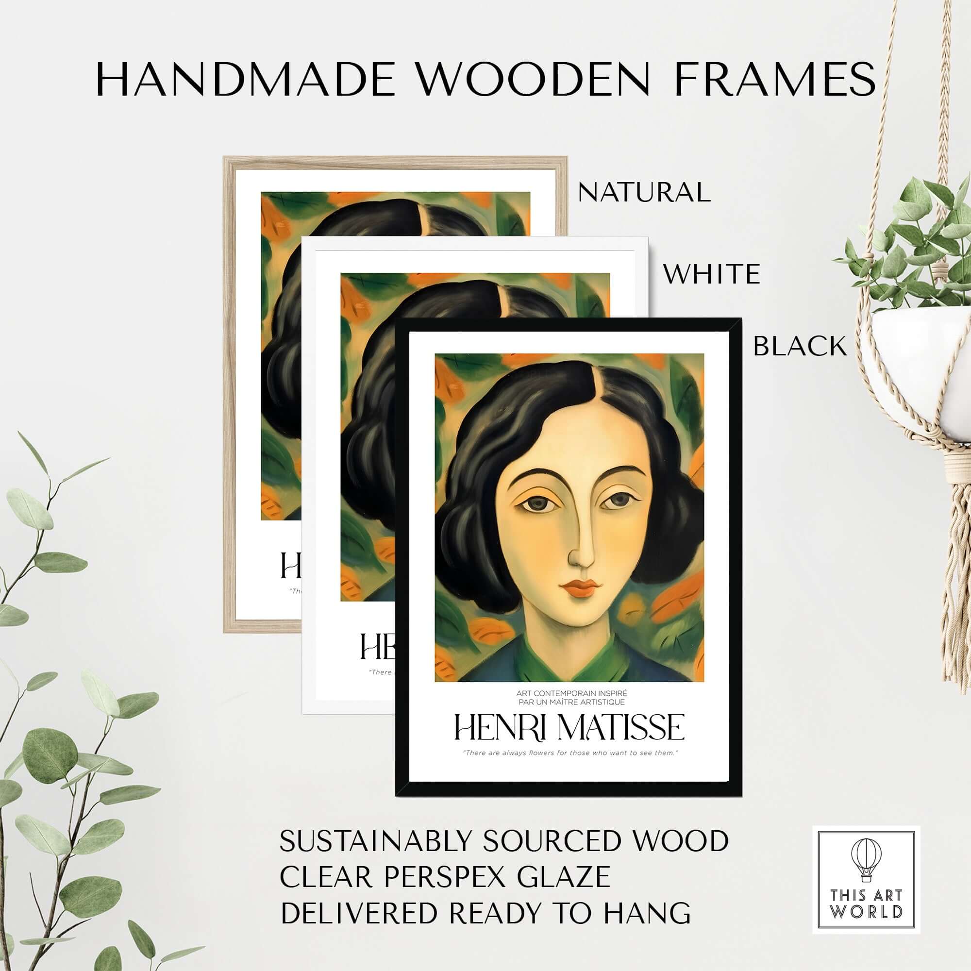 Matisse Art Prints - Woman Portrait Wall Art displayed in handmade wooden frames in natural, white, and black options.