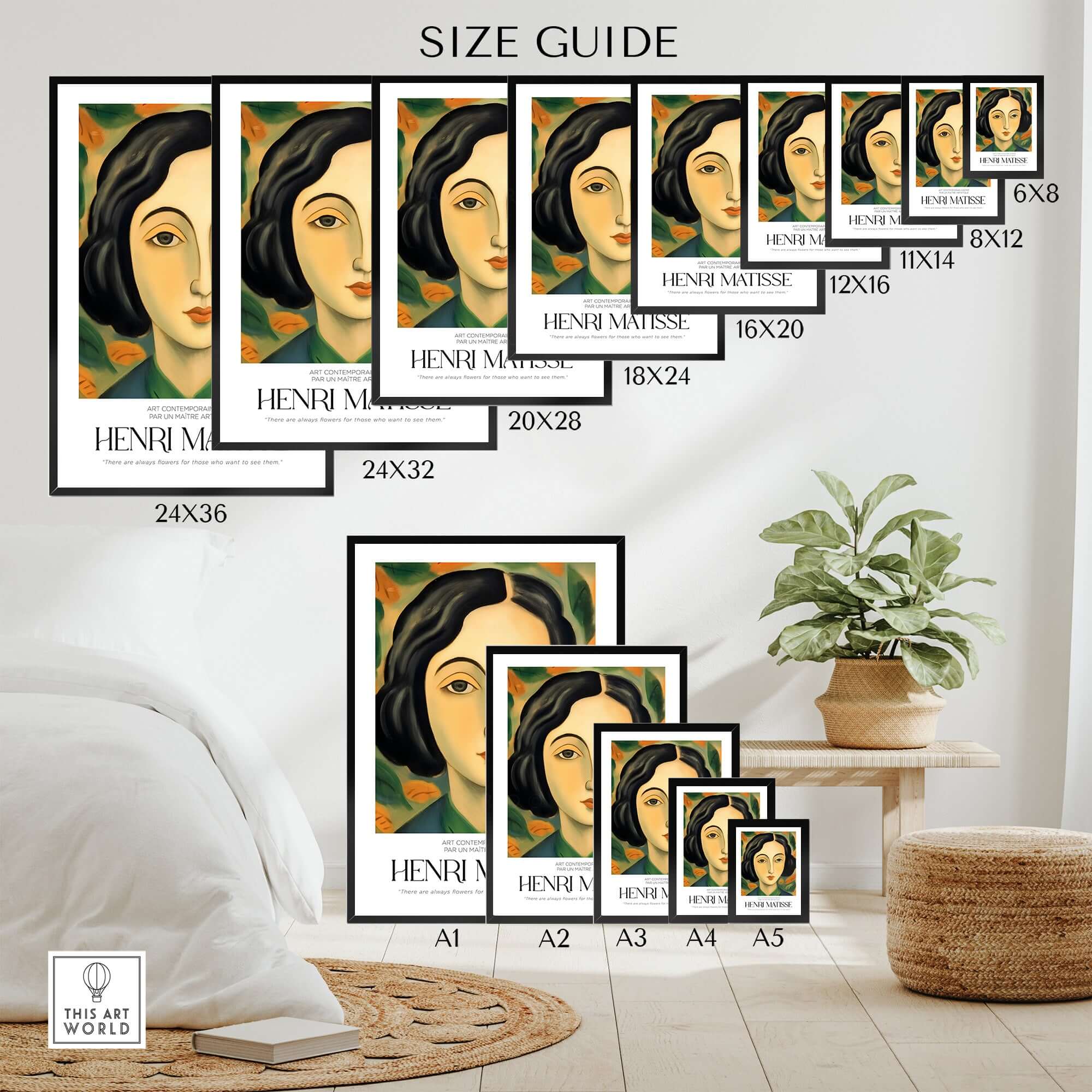 Matisse Art Prints - Woman Portrait Wall Art size guide showcasing various print dimensions and styles.
