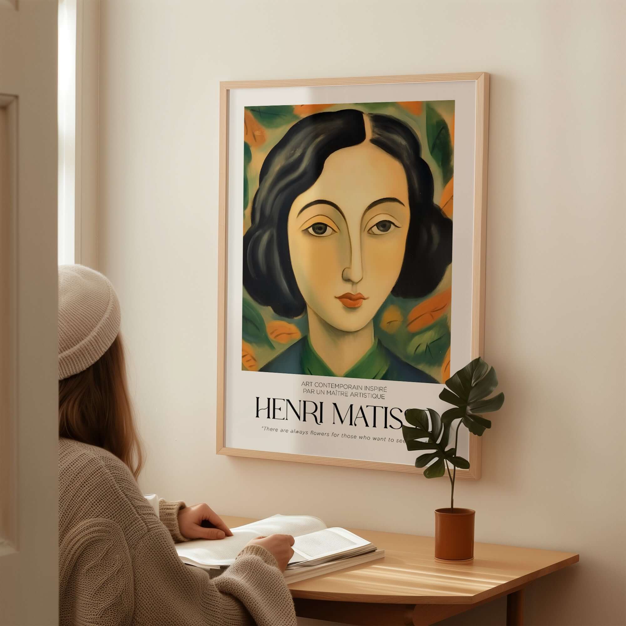 Matisse Art Prints - Woman Portrait Wall Art featuring a beautiful abstract portrait of a woman with flowers.