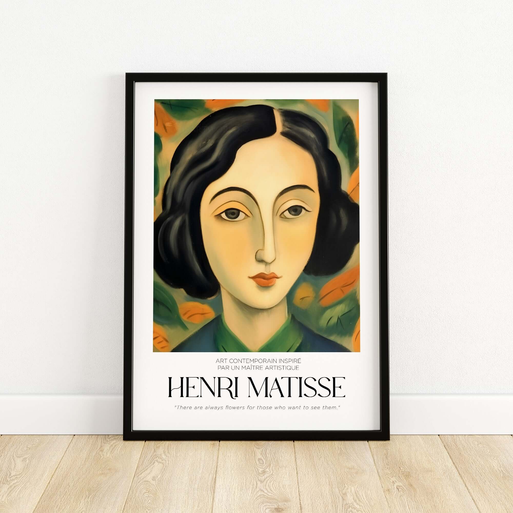 Matisse Art Prints - Woman Portrait Wall Art featuring a modern portrait of a woman with dark hair and colorful leaves.