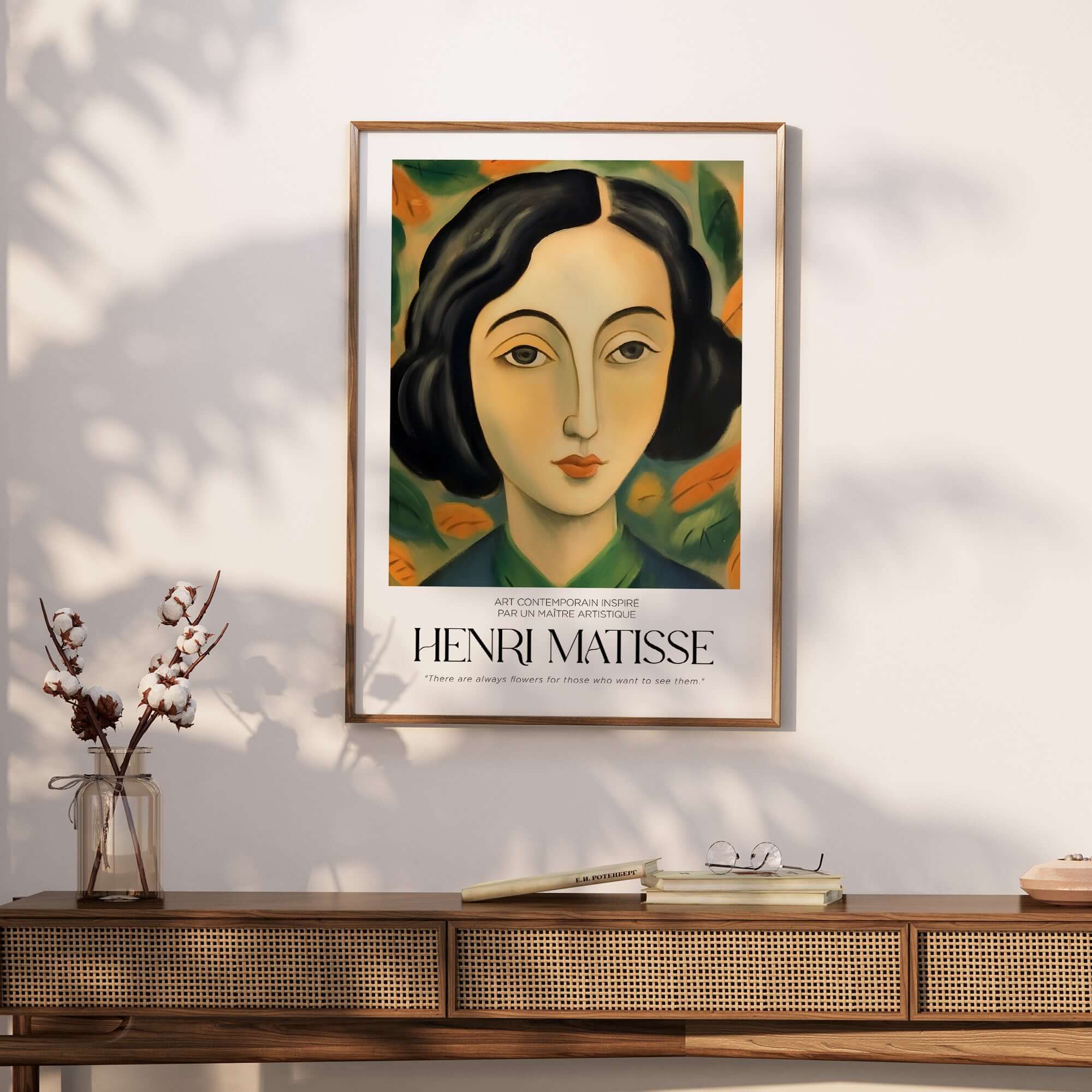 Matisse Art Prints - Woman Portrait Wall Art featuring a stylized portrait of a woman with dark hair and floral background.