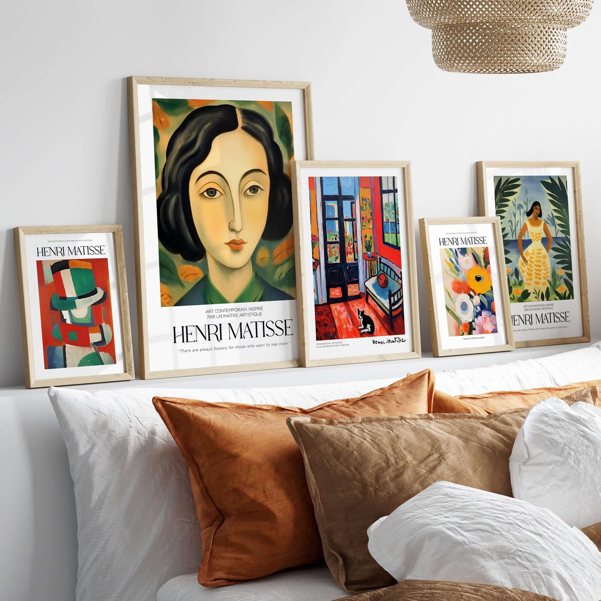 Matisse Art Prints - Woman Portrait Wall Art displayed on a shelf with various framed artworks in modern decor.