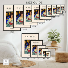 Matisse Art Prints - Woman Robe Abstract Stained Glass Effect Poster size guide displaying various poster sizes.